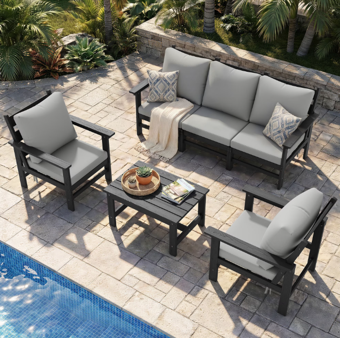 UDPATIO HDPE Patio Conversation Set, 6-Piece Sectional Outdoor Furniture Set, All-Weather Outdoor Couch Set for Deck, Lawn, Grey Frame with Grey Cushion