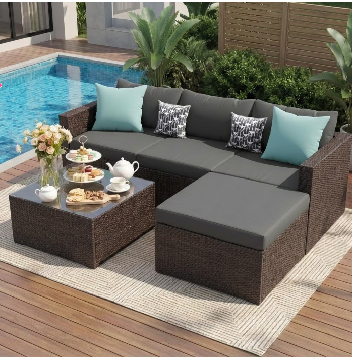 UDPATIO 5-Piece Patio Furniture Set,Outdoor Conversation Set All-Weather Rattan Wicker Outdoor Sectional Sofa Set with Ottoman for Garden & Backyard, Gray