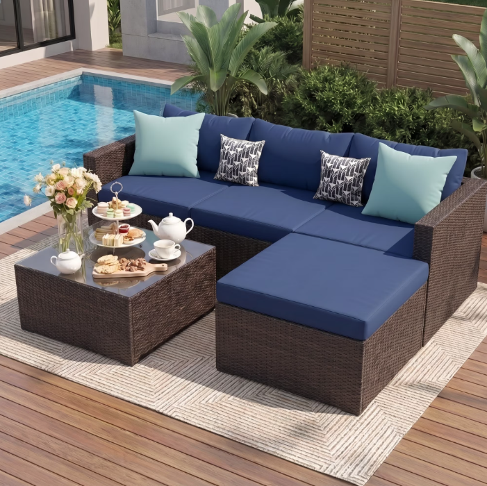 UDPATIO 5-Piece Patio Furniture Set,Outdoor Conversation Set All-Weather Rattan Wicker Outdoor Sectional Sofa Set with Ottoman for Garden & Backyard,Navy Blue