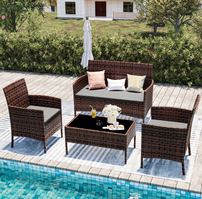 UDPATIO 4 Pieces Patio Furniture Sets,Outdoor Conversation Sets,Brown PE Rattan Patio Chairs with Table and Loveseat for Balcony, Porch, Backyard（Gray Cushion）