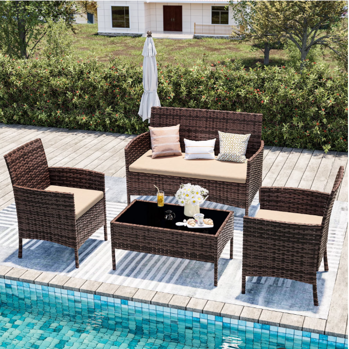 UDPATIO 4 Pieces Patio Furniture Sets,Outdoor Conversation Sets,Brown PE Rattan Patio Chairs with Table and Loveseat for Balcony, Porch, Backyard,（Khaki Cushion）