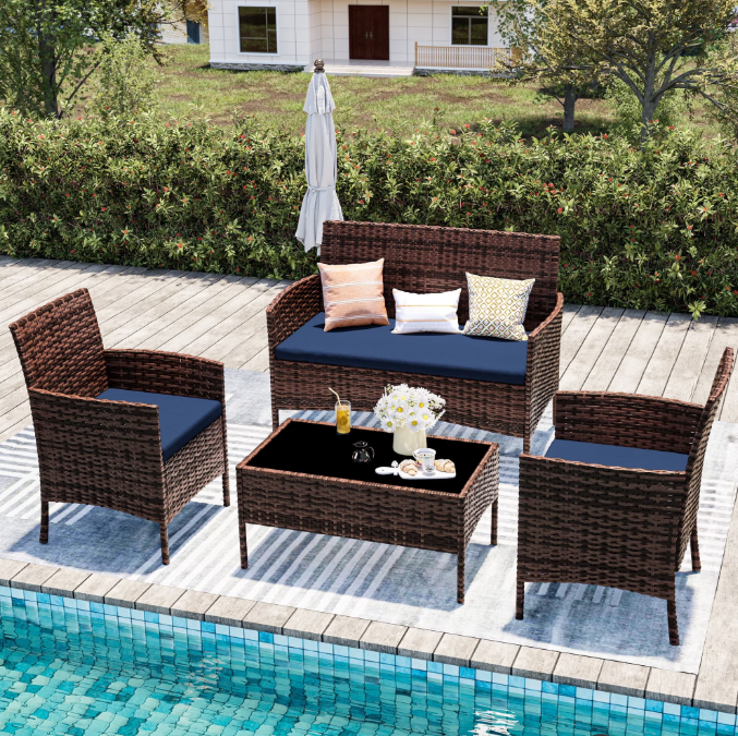 UDPATIO 4 Pieces Patio Furniture Sets,Outdoor Conversation Sets,Brown PE Rattan Patio Chairs with Table and Loveseat for Balcony, Porch, Backyard（Navy Blue Cushion）