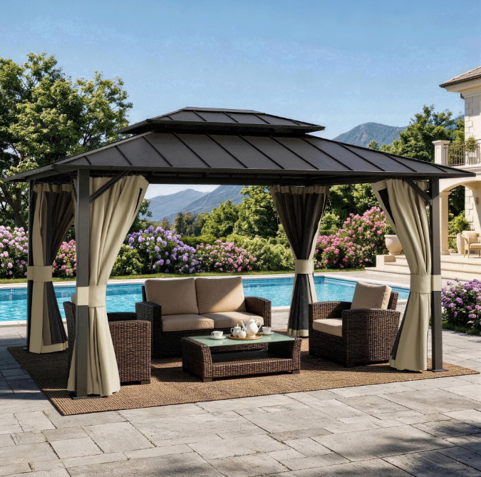 UDPATIO 10'x12' Hardtop Gazebo, Galvanized Steel Double Roof, Permanent Metal Gazebo for Garden, Outdoor Dining Parties, Khaki