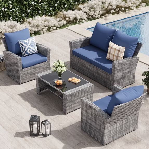 UDPATIO 4 Piece Outdoor Sectional Conversation Sets， Wicker Patio Furniture Set with Gray PE Rattan Patio Sofa Set for Balcony, Porch, Backyard, Blue