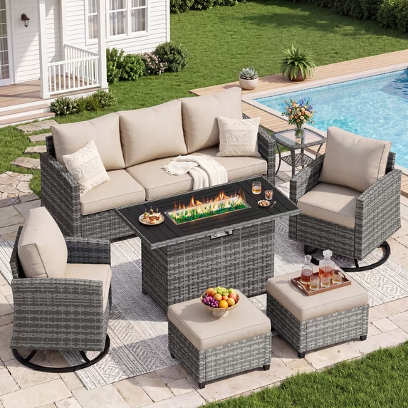 UDPATIO Patio Furniture Set with 44" Fire Pit Table, 6 Pieces Wicker Outdoor Couch with Rocking Swivel Chairs, Ottomans and Thick Cushions for Backyard, Khaki
