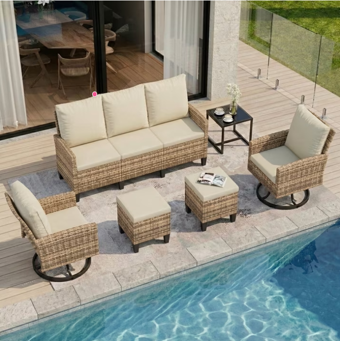 UDPATIO 6 Pieces Outdoor Conversation Set, All-Weather Wicker Rattan Outdoor Sectional Sofa Set with Ottoman and Swivel Chairs for Poolside, Backyard，Yellow Brown Wicker Beige Cushions
