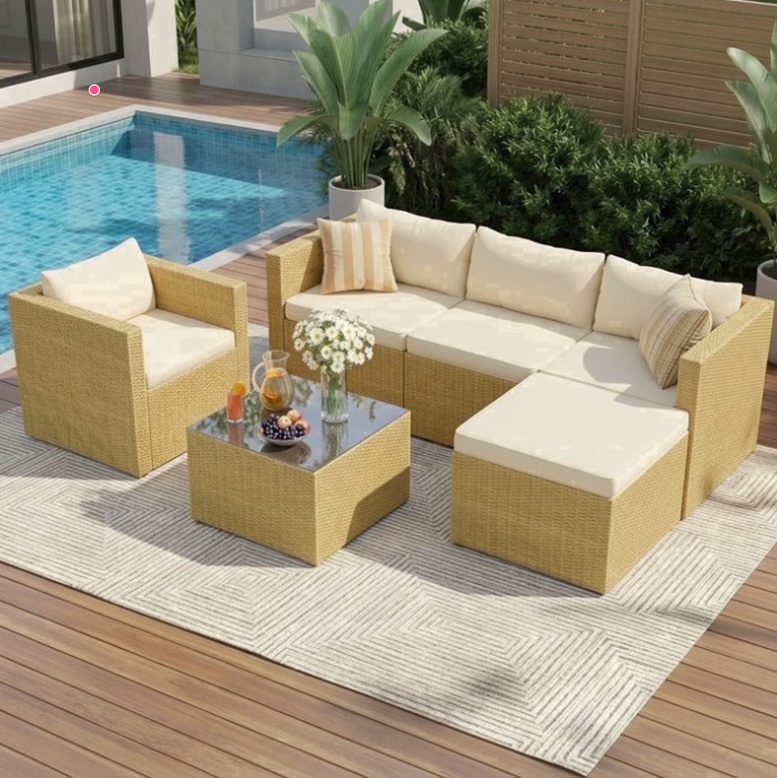 UDPATIO 6-Piece Patio Furniture Set,Outdoor Conversation Set All-Weather Rattan Wicker Outdoor Sectional Sofa Set with Ottoman for Garden & Backyard,Cream White