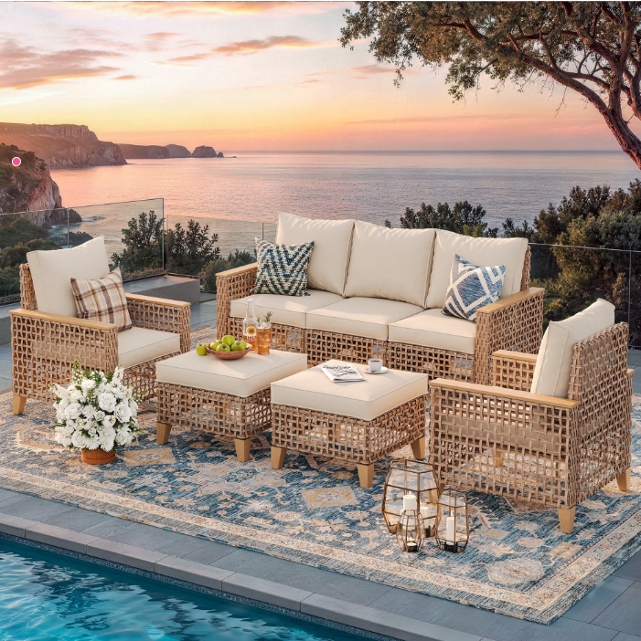 UDPATIO 5-Piece Outdoor Patio Furniture Set, Outdoor Conversation Set，Wicker Rattan Sofa Set with Ottoman, Garden Conversation Seating Set for Backyard,Yellow Wicker Furniture with Beige Cushions