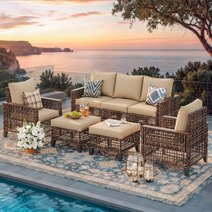UDPATIO 5-Piece Outdoor Patio Furniture Set, Outdoor Conversation Set，Wicker Rattan Sofa Set with Ottoman, Garden Conversation Seating Set for Backyard,Brown Wicker Furniture with Khaki Cushions