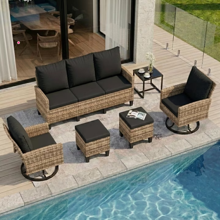 UDPATIO 6 Pieces Outdoor Conversation Set, All-Weather Wicker Rattan Patio Furniture Sofa Set with Ottoman and Swivel Chairs for Poolside, Backyard，Yellow Brown Wicker Black Cushions