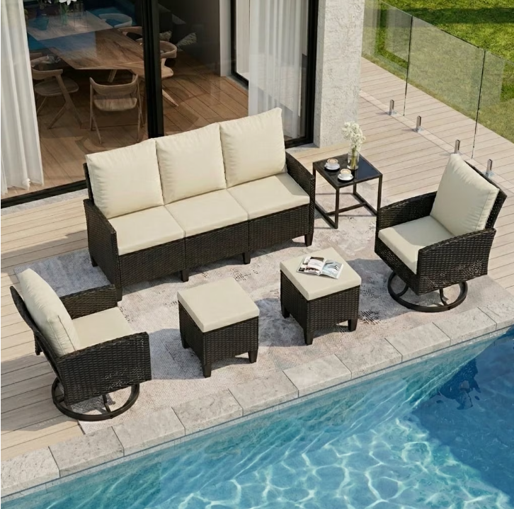 UDPATIO Outdoor Conversation Set,6 Pieces Patio Furniture Set, All-Weather Wicker Rattan Outdoor Sectional Sofa Set with Ottoman and Swivel Chairs for Poolside, Backyard，Black Wicker Beige Cushions