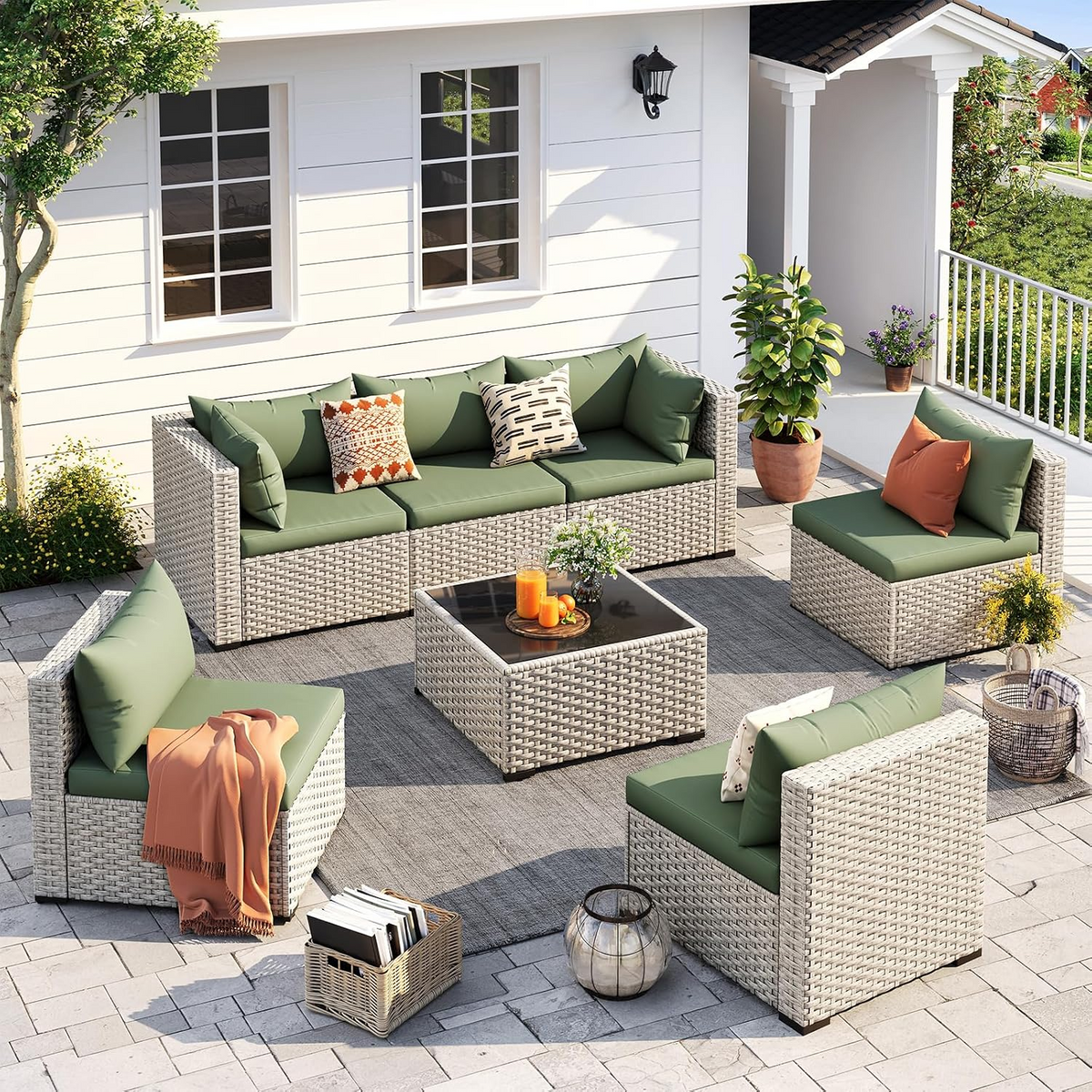 UDPATIO Outdoor Patio Furniture Set 7 Pcs Wicker Sectional Sofa Grass Green