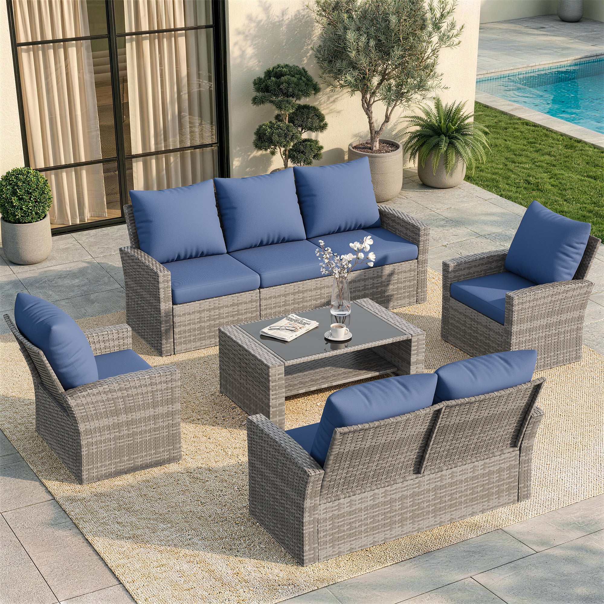 UDPATIO Wicker Patio Furniture Set，Multiple combination sofa sets,Gray PE Rattan Patio Sofa Set for Balcony, Porch, Backyard, Navy
