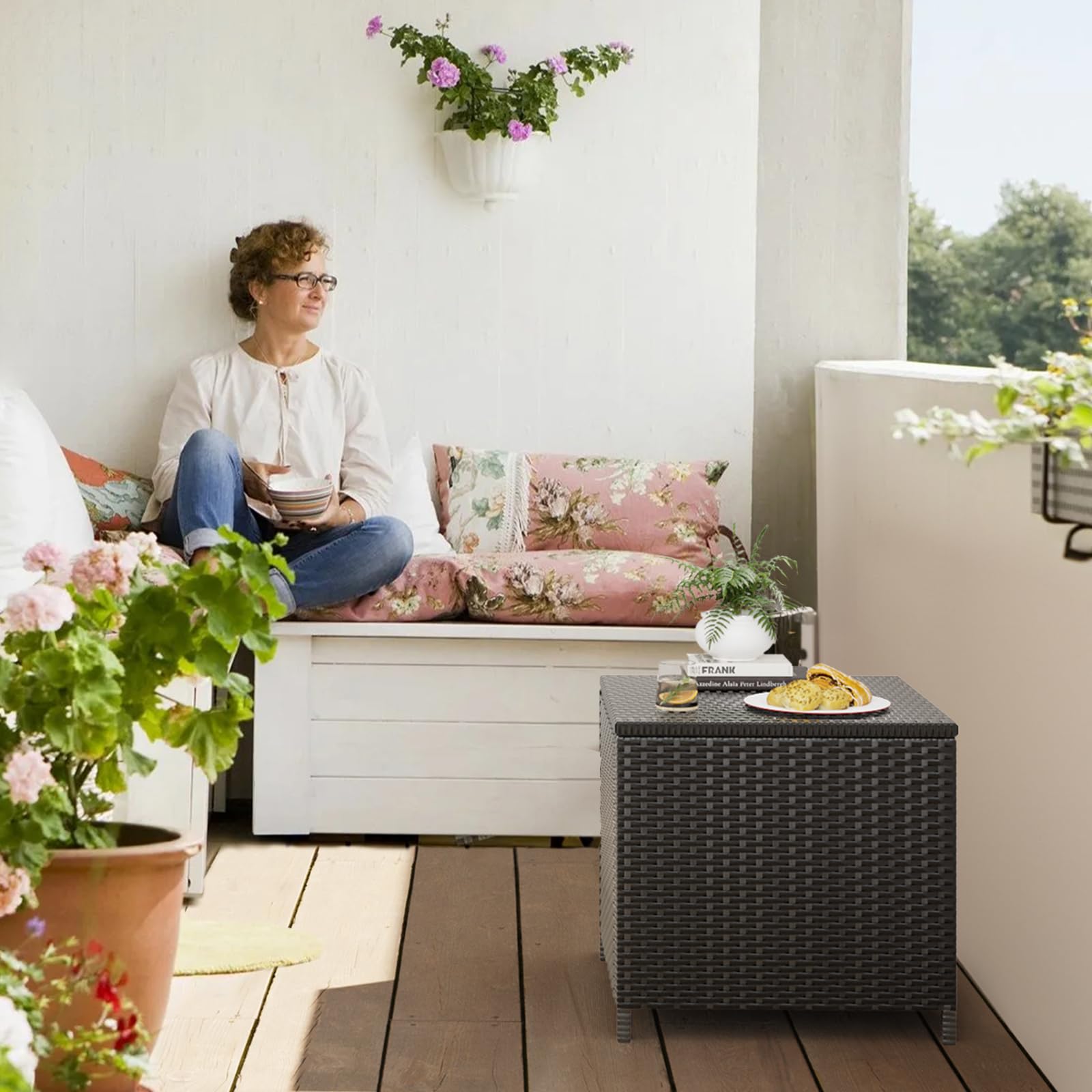 Outdoor Wicker Side Table with Storage