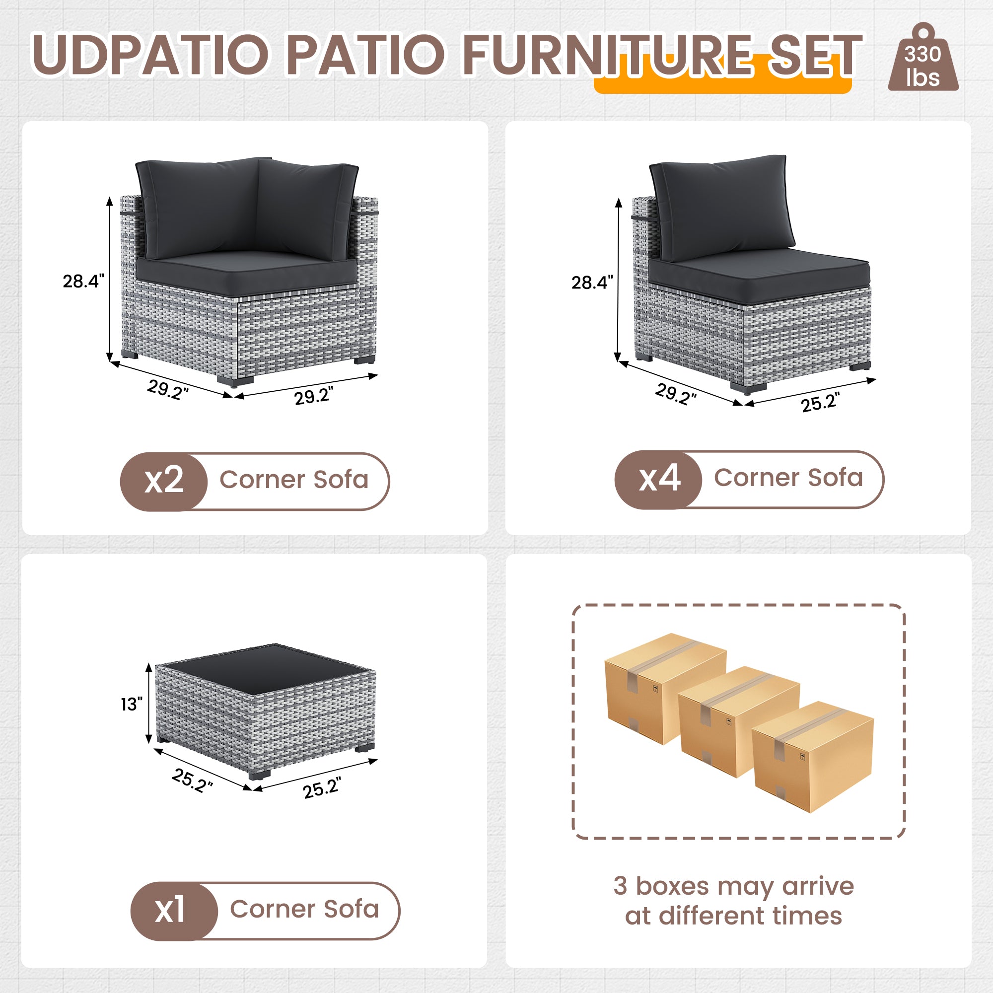 UDPATIO Outdoor Patio Furniture Set, 7-Piece PE Wicker Sectional Sofa with Tea Table, Outdoor Conversation Set for Patio, Garden, Backyard (Black Cushions with Grey Rattan)