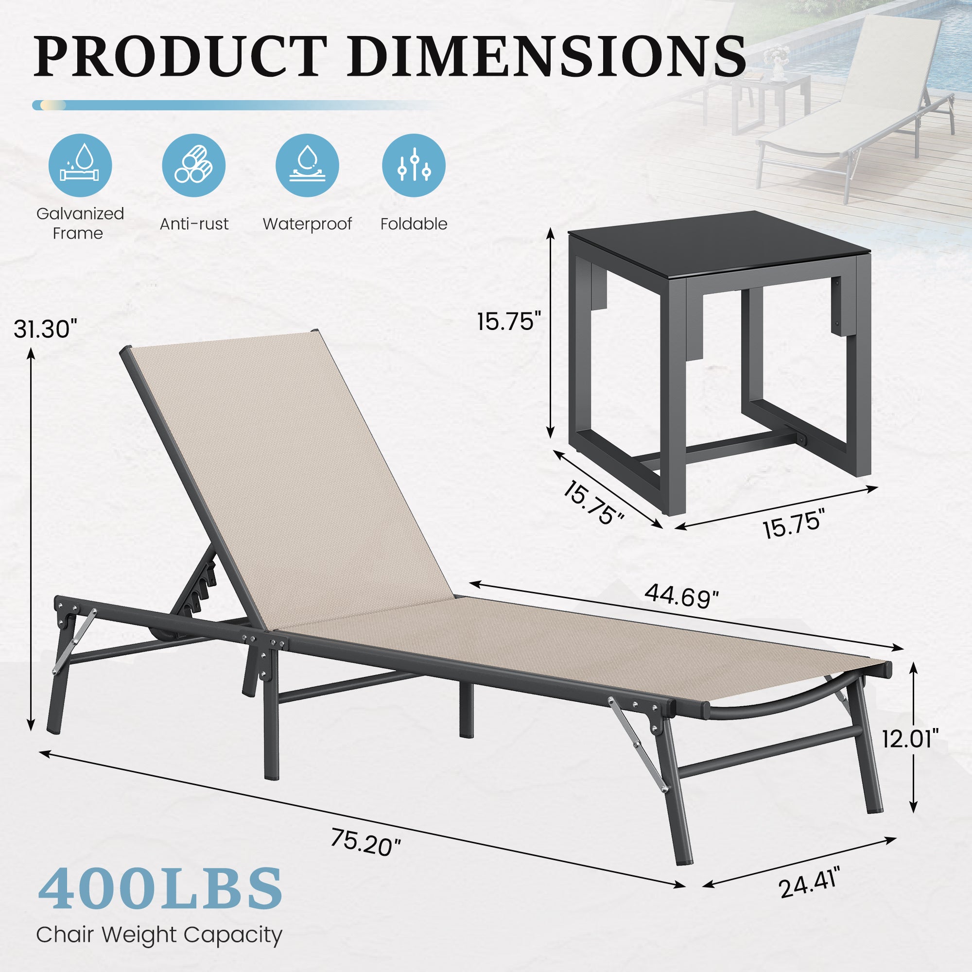 Outdoor Foldable Lounge Chair Set of 2 with Table Pool Lounge Chairs for Outside, Adjustable Lounger for Poolside Lawn Deck Lay Flat Sunbathing Backrest for Patio, Beach, Yard(Brown)