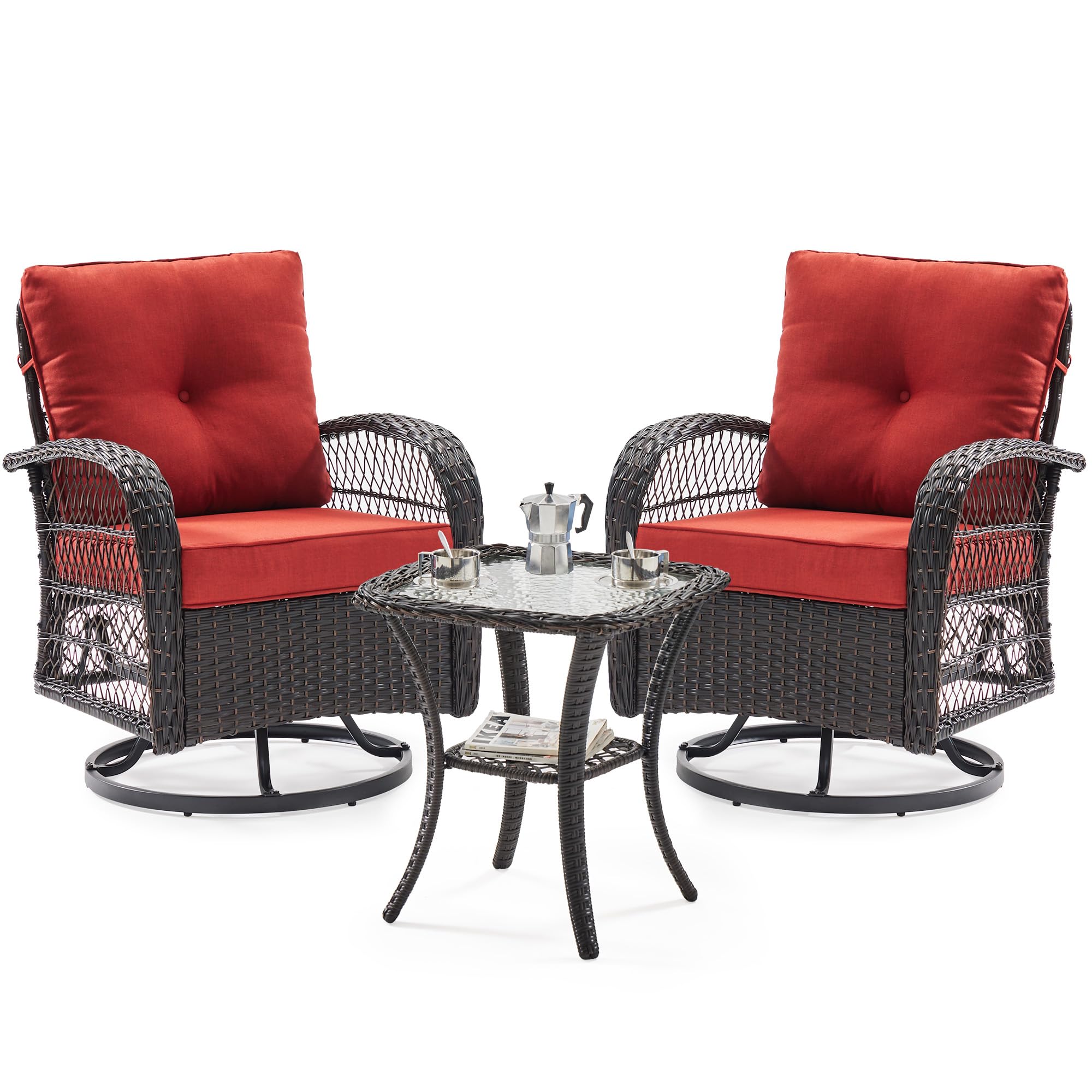 UDPATIO 3 Pieces Patio Furniture Set, Outdoor Swivel Rocker Patio Chairs Set of 2, All-Weather PE Wicker Glider Chairs with Thick Cushions and Glass Coffee Table，for Porch Deck Backyard