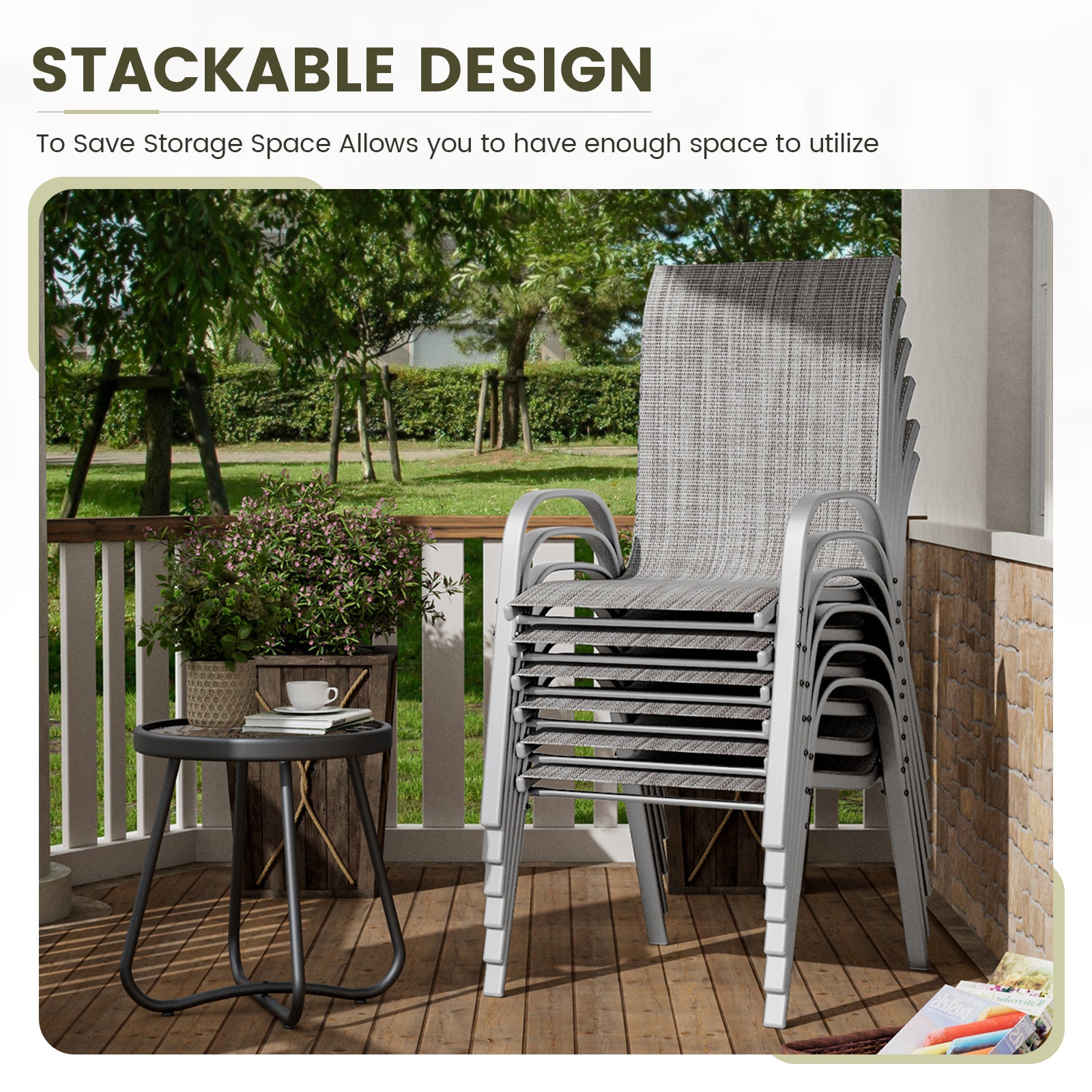 UDPATIO Patio Chairs Set of 6, Stackable Silver Outdoor Dining Chairs with High Back, Breathable Textilene Fabric Outdoor Chair All Weather, 350LBS Capacity for Garden, Backyard (Light Grey)