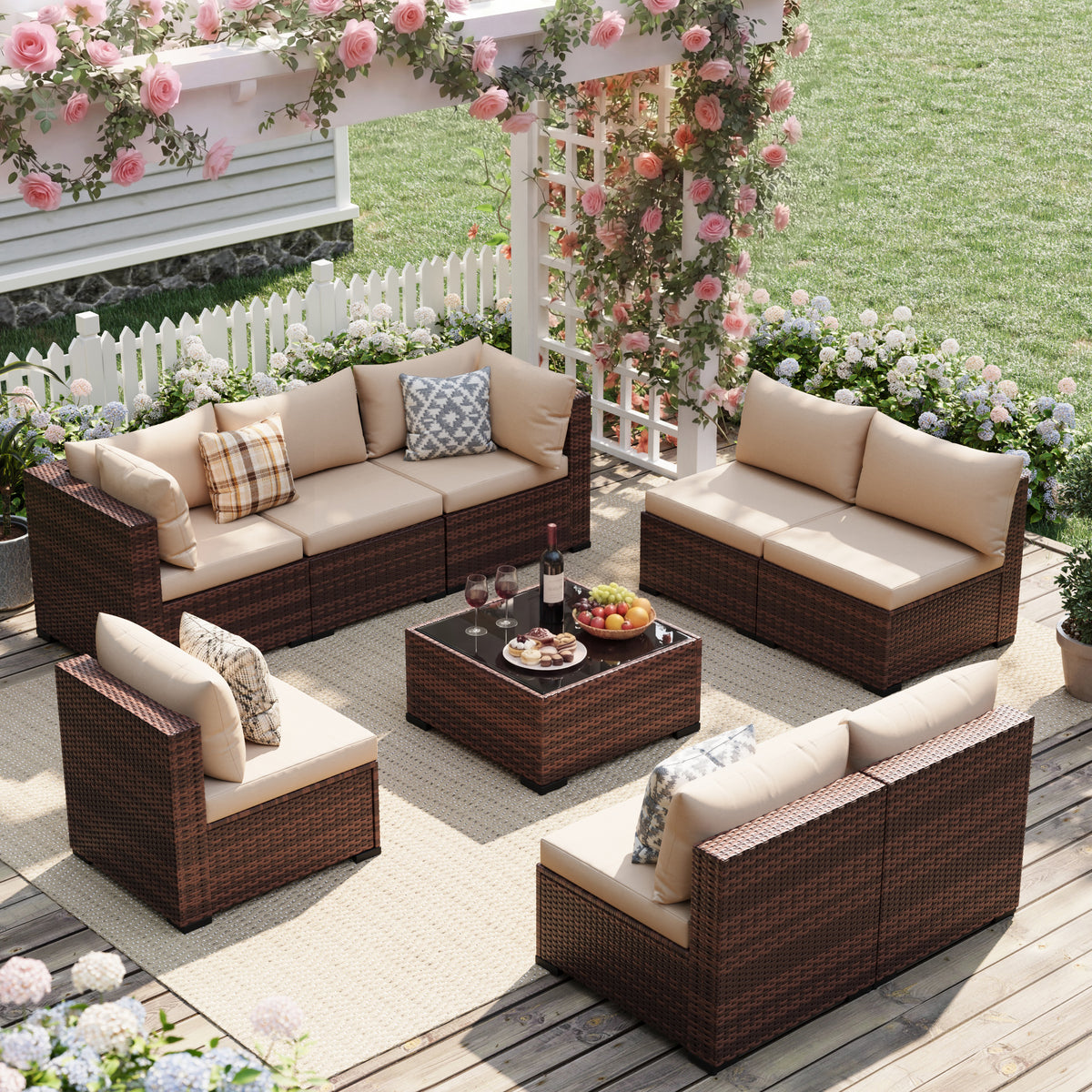 UDPATIO Patio Furniture Sets, Modular Rattan Outdoor Patio Sectional Furniture Sofa Set, Wicker Patio Conversation Set for Backyard,9PCS