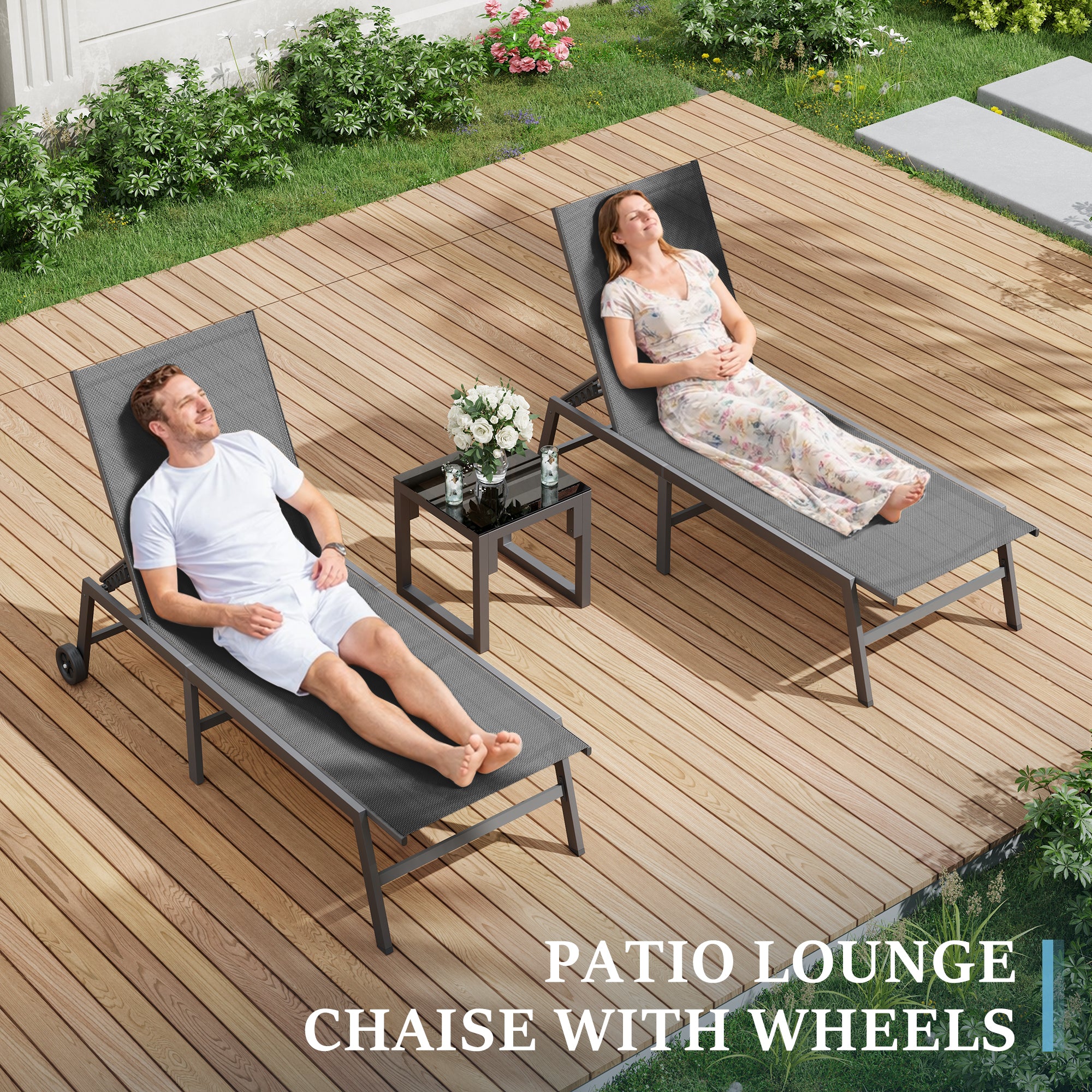 Outdoor Chaise Lounge Chair Set of 2 with Table Pool Lounge Chairs for Outside, Adjustable Lounger for Poolside Lawn Deck Lay Flat Sunbathing Backrest for Patio, Beach, Yard(Grey)