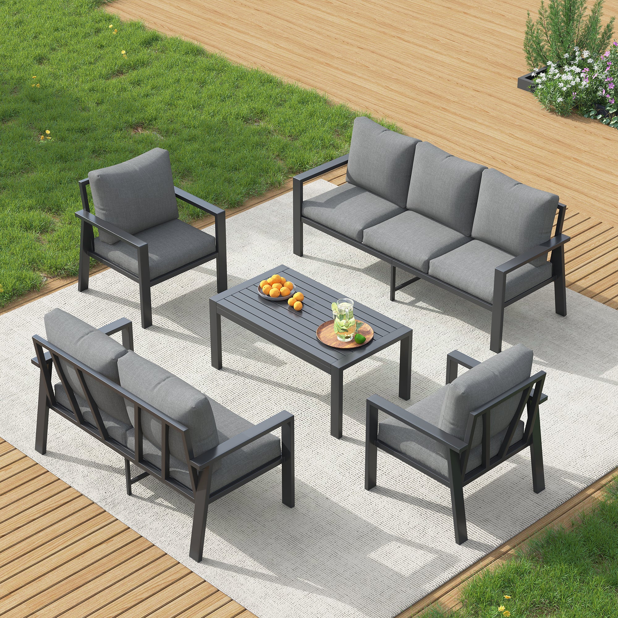 UDPATIO Aluminum Patio Furniture Set, 5 Pieces Sectional Metal Conversation Sofa Modern Seating Set with Coffee Table for Outdoor Garden Backyard, Dark Grey