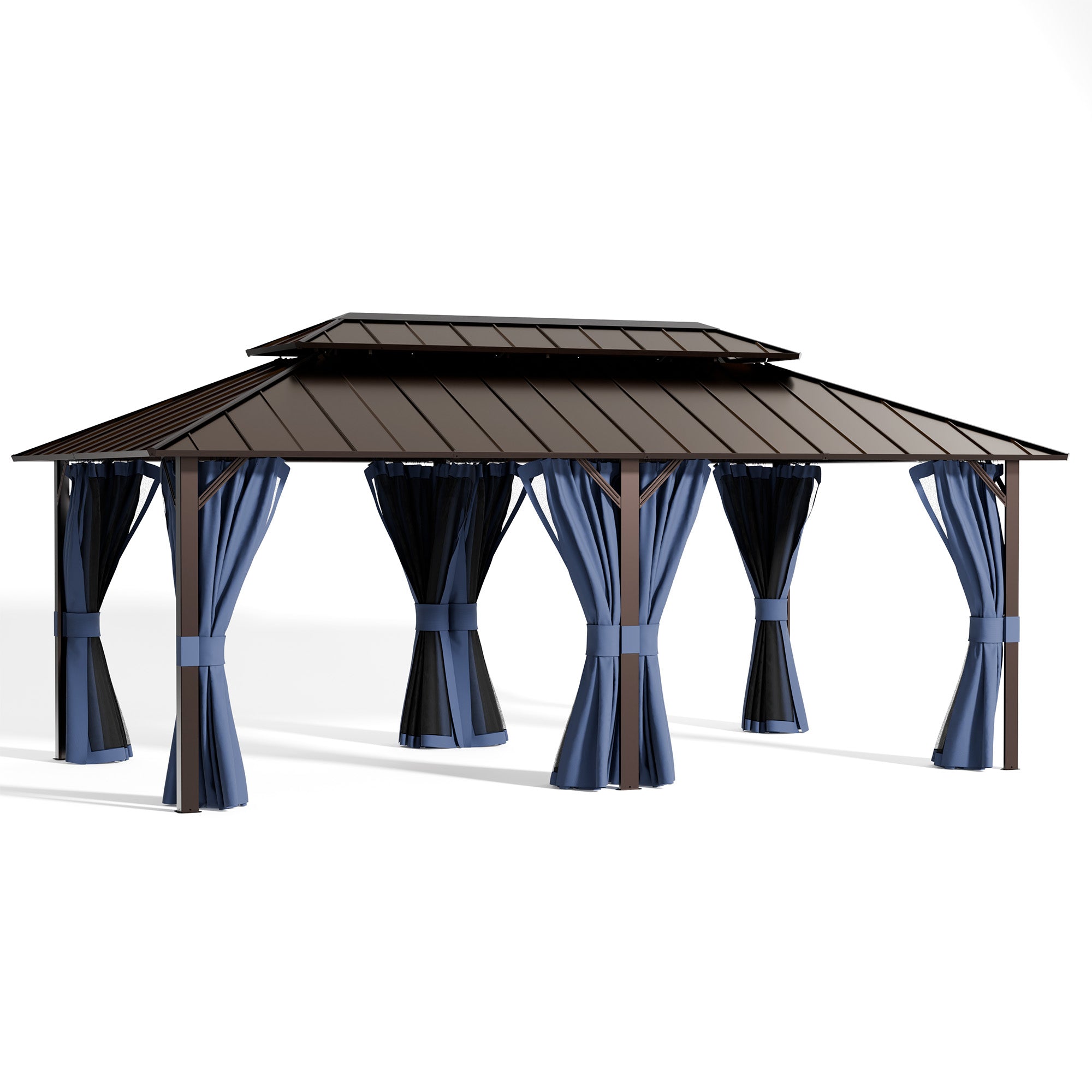 UDPATIO 12x20 Hardtop Gazebo, Aluminum Frame with Double Galvanized Steel Roof, Hard Top Heavy Duty Patio Outdoor Metal Gazebos, Permanent Gazebo with Mosquito Netting and Curtain for Deck, Navy Blue