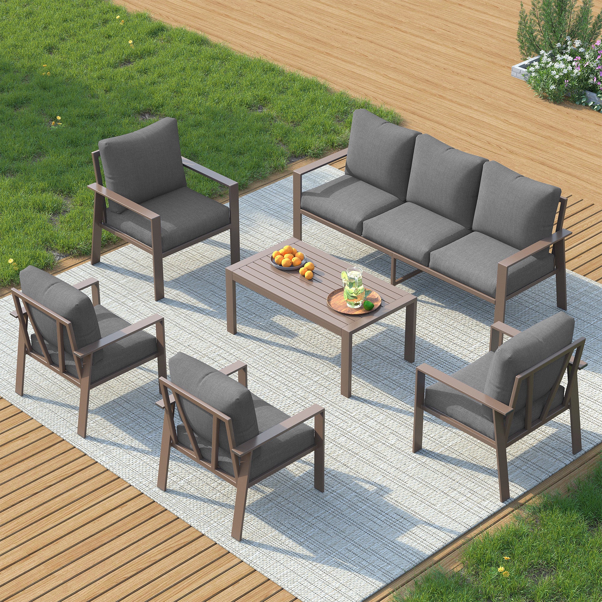 UDPATIO 6 Pieces Aluminum Patio Furniture Set, 7-Seat Metal Outdoor Furniture Set with 4" Water-Resistant Cushion & Coffee Table,  Patio Conversation Sets for Porch, Deck, Garden