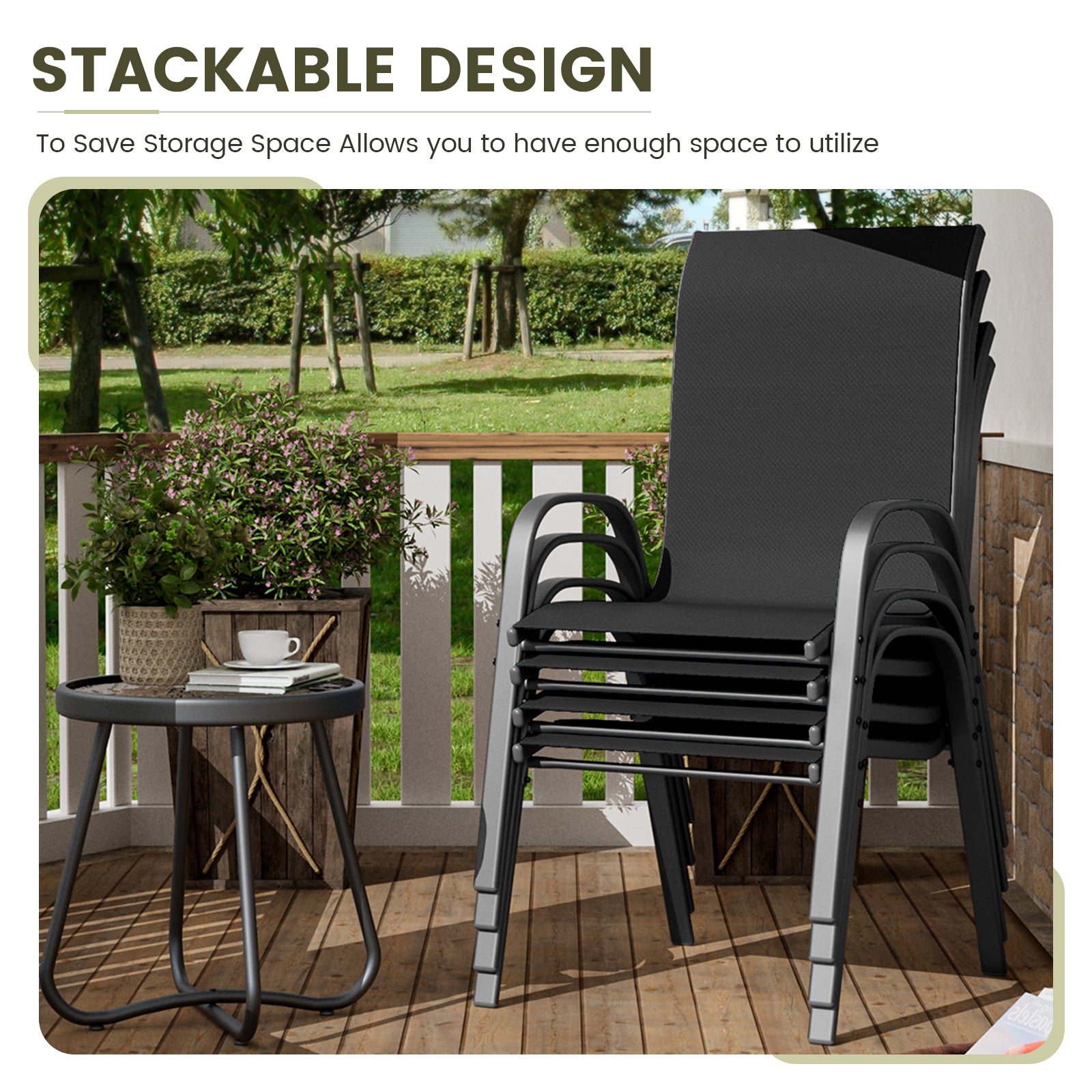 UDPATIO Patio Chairs Set of 4, Stackable Outdoor Dining Chairs with High Back, Breathable Textilene Fabric Outdoor Chair All Weather, 350LBS Capacity for Garden, Backyard (Black)