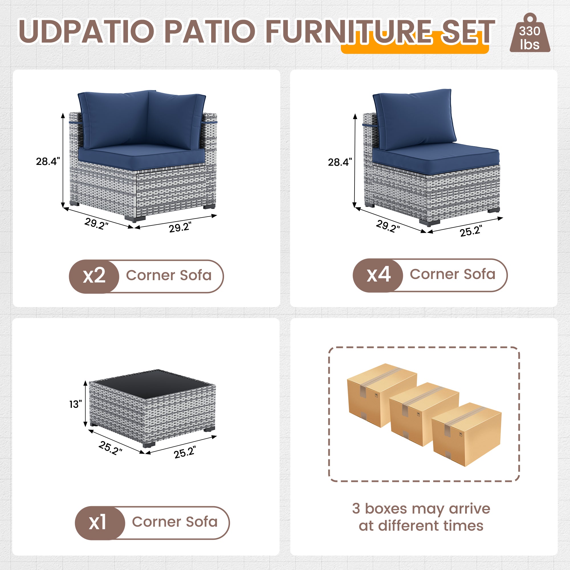 UDPATIO Outdoor Patio Furniture Set, 7-Piece PE Wicker Sectional Sofa with Tea Table, Outdoor Conversation Set for Patio, Garden, Backyard (Blue Cushions with Grey Rattan)