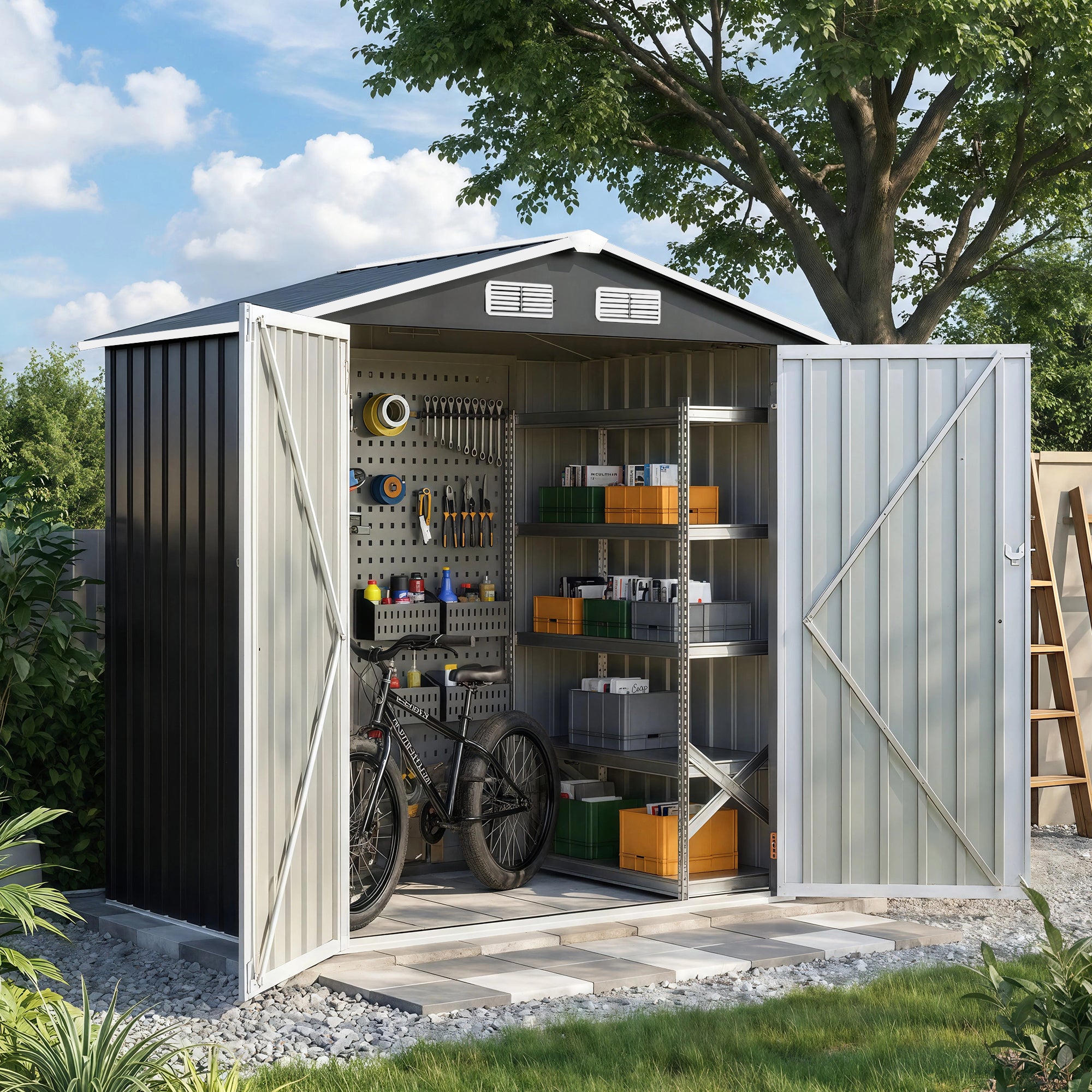UDPATIO 6X4 FT Storage Shed with Floor, Metal Sheds & Outdoor Storage with Sloping Roof & Lockable Door for Bicycle, Tool in Patio Lawn, Garden, Backyard, Grey