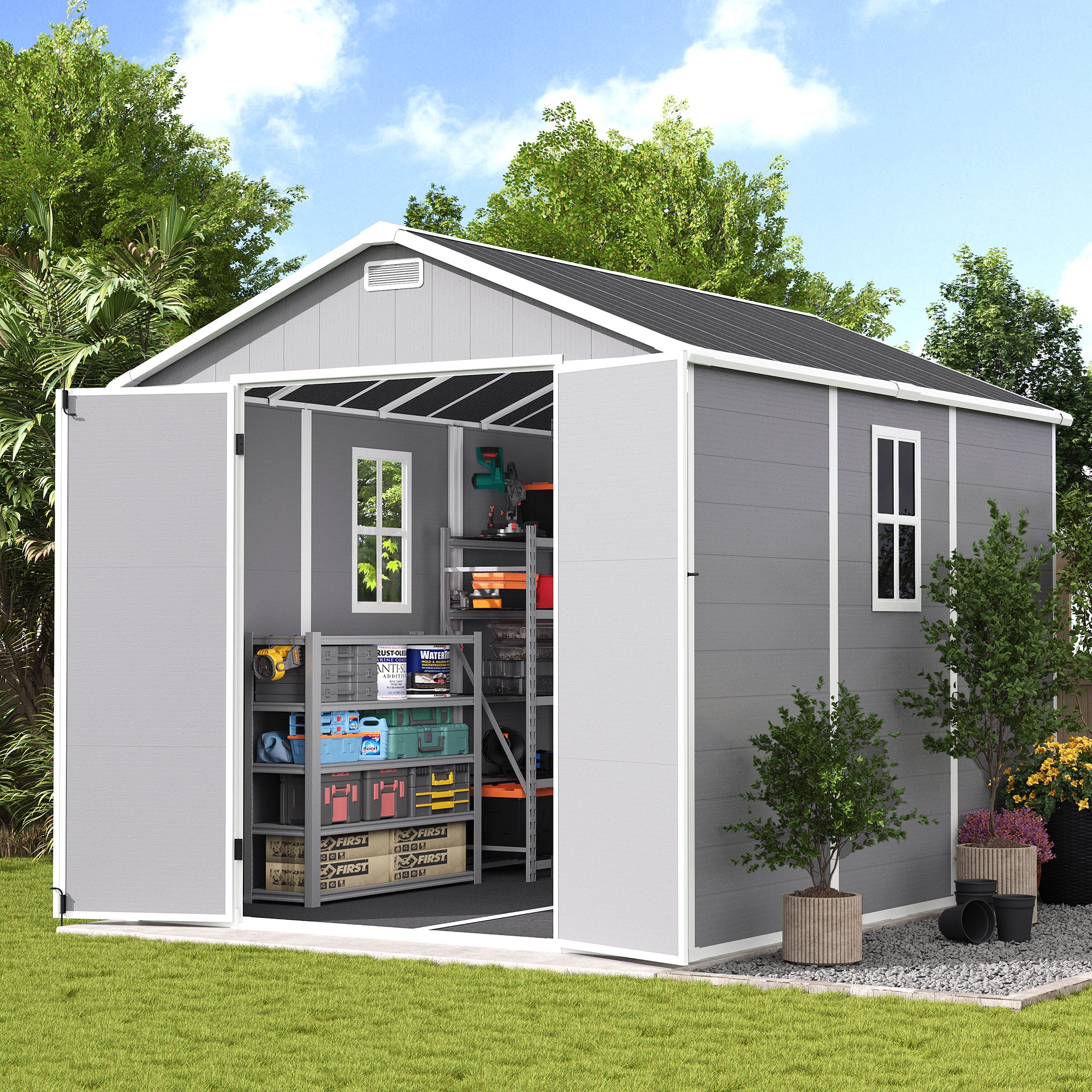 UDPATIO Storage Shed 8 x 10 FT, Resin Sheds & Outdoor Storage with Floor Large Clearance Outdoors Plastic Garden Tool Shed Tuff Outside Cottage Shed with Lockable Door for Bike, Garbage Gray White