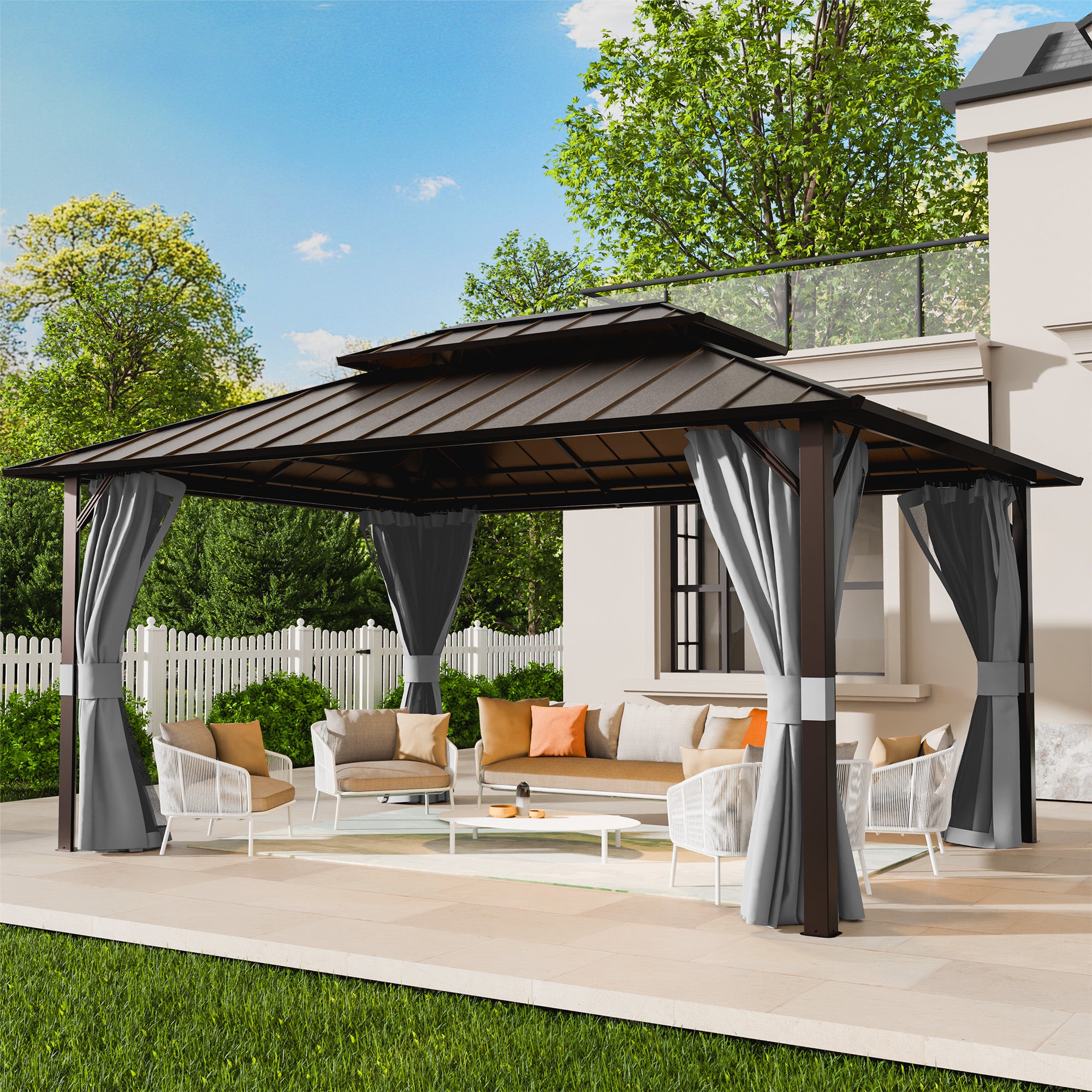 UDPATIO 12x16 Hardtop Gazebo, Aluminum Frame with Double Galvanized Steel Roof, Hard Top Patio Outdoor Metal Gazebos, Permanent Gazebo with Mosquito Netting and Curtain for Backyard, Deck, Porch, Gray