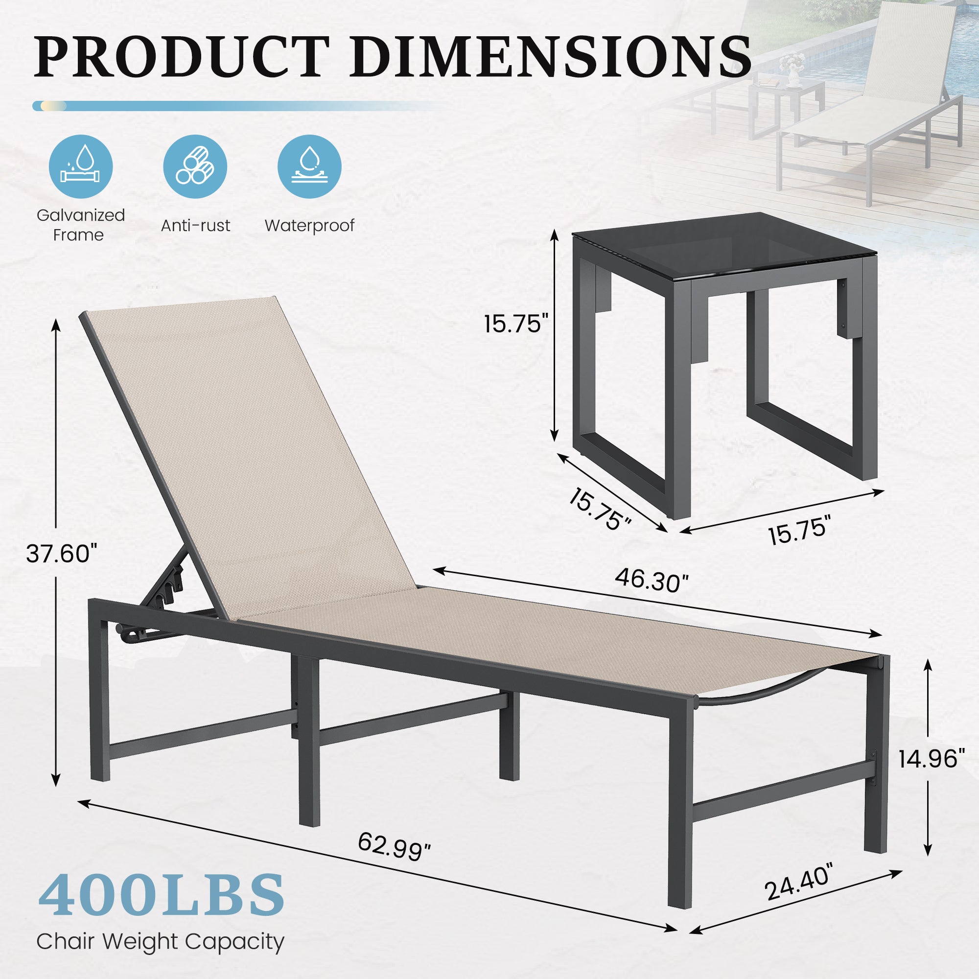 Patio Lounge Chair Pool Chaise Chairs for Outside, Adjustable Lounger for Poolside Lawn Deck Lay Flat Sunbathing Backrest for Patio, Beach, Yard(Brown)