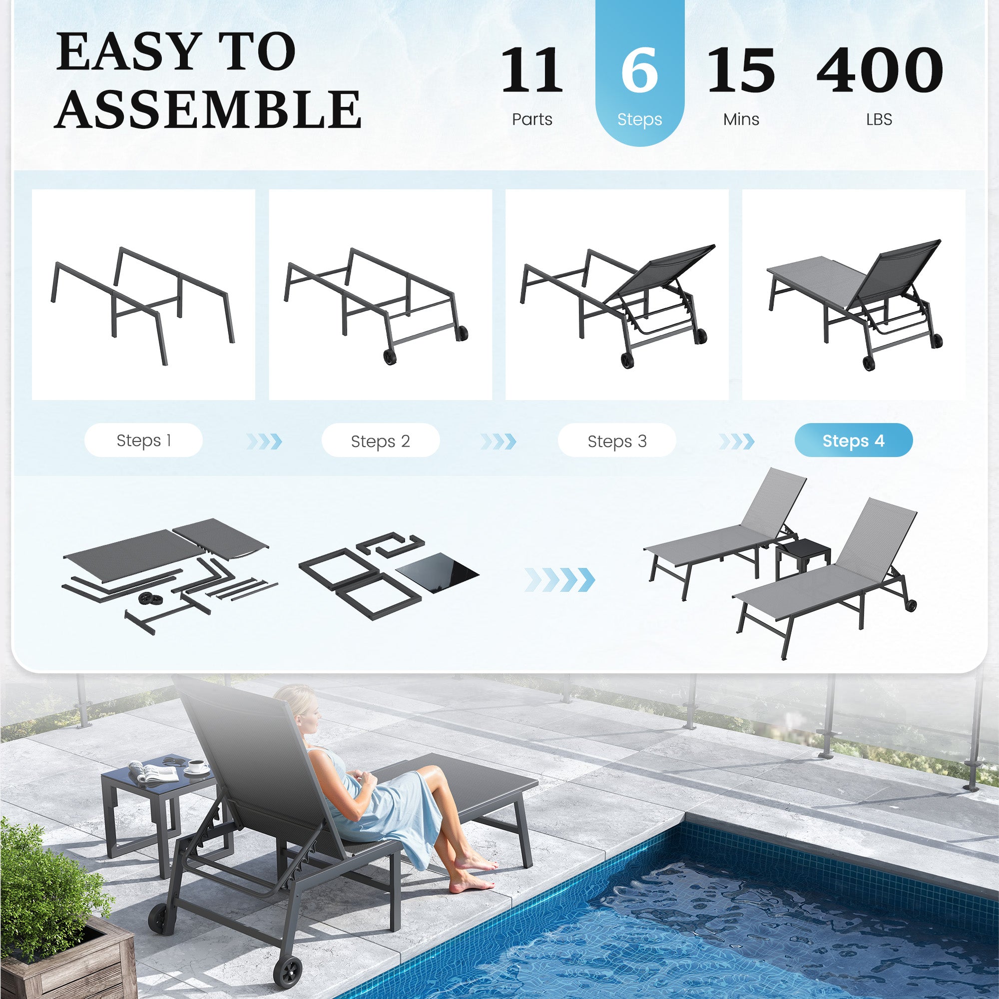 Outdoor Chaise Lounge Chair Set of 2 with Table Pool Lounge Chairs for Outside, Adjustable Lounger for Poolside Lawn Deck Lay Flat Sunbathing Backrest for Patio, Beach, Yard(Grey)