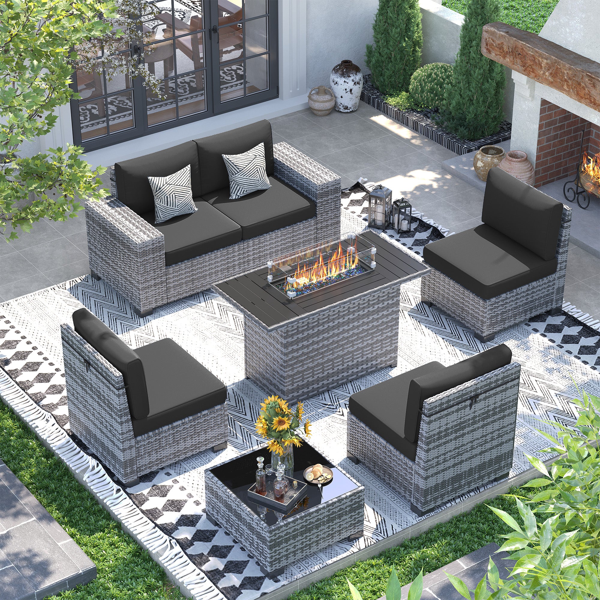 UDPATIO 7 Piece Patio Furniture Set with Fire Pit Table, 8''Wide Armrest Modular Rattan Outdoor Sectional  Sofa Set,Wicker Patio Conversation Sets for Backyard,Deck w/ 4'' Cushions,Cover