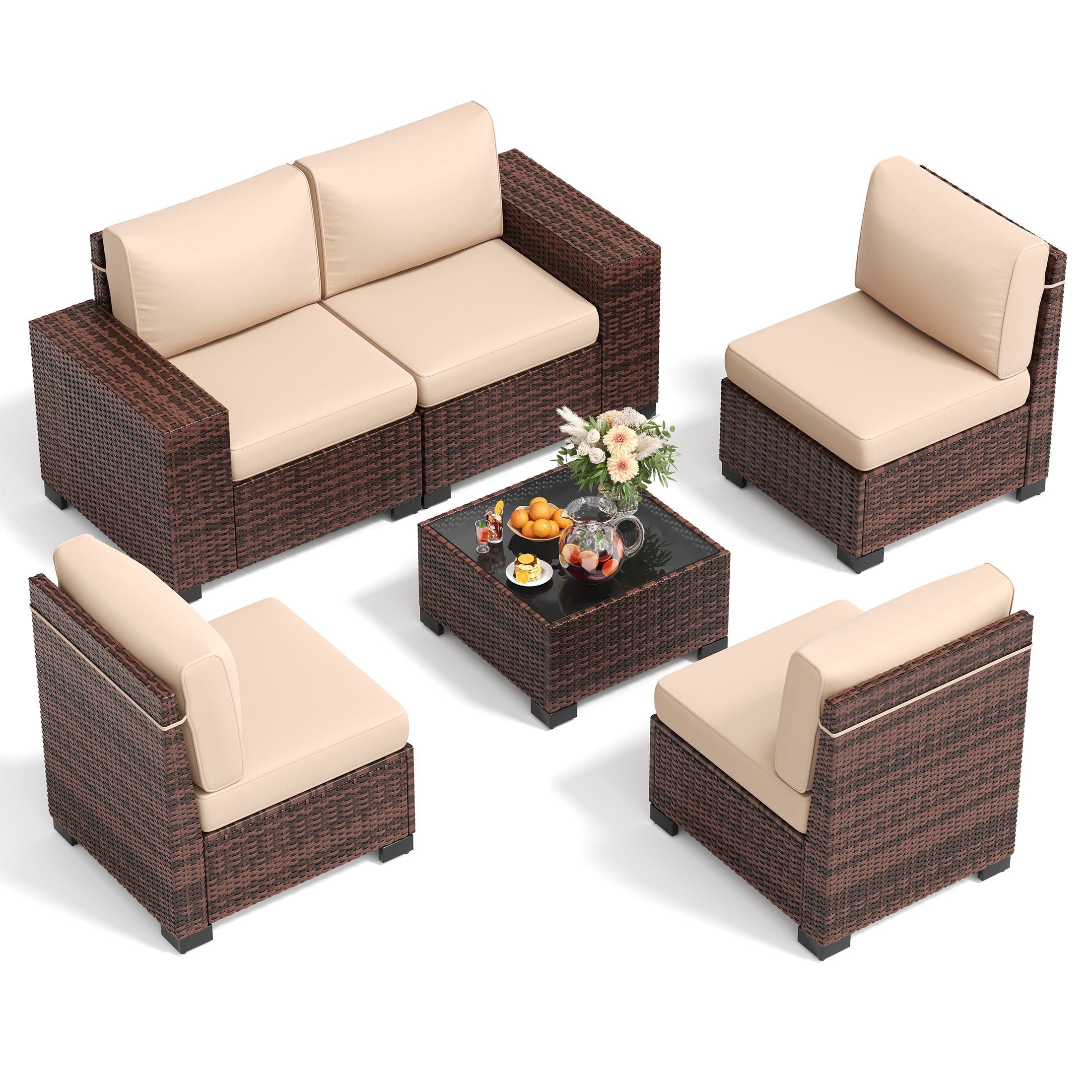 UDPATIO 6-Piece Patio Furniture Set, Outdoor Patio Sofa Set With Wide Armrest, All-Weather Wicker Rattan Guest Set With Cushion And Glass Table And Waterproof Cover, Brown & Khaki