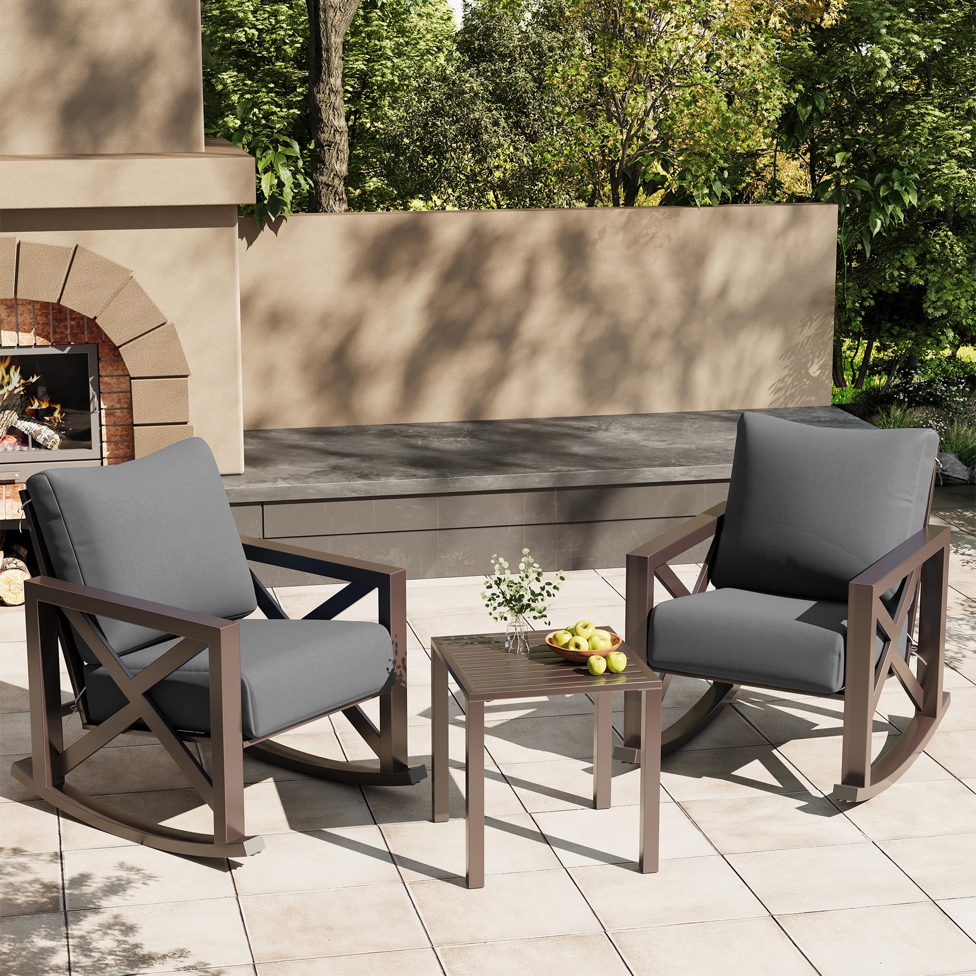 UDPATIO Outdoor Rocking Chair Set 2 with Coffee Table, 3 Piece Metal Patio Furniture Set with 6.5" Water-Resistant Cushions, 350lbs Heavy-Duty, for Porch, Patio, Balcony, Dark Grey