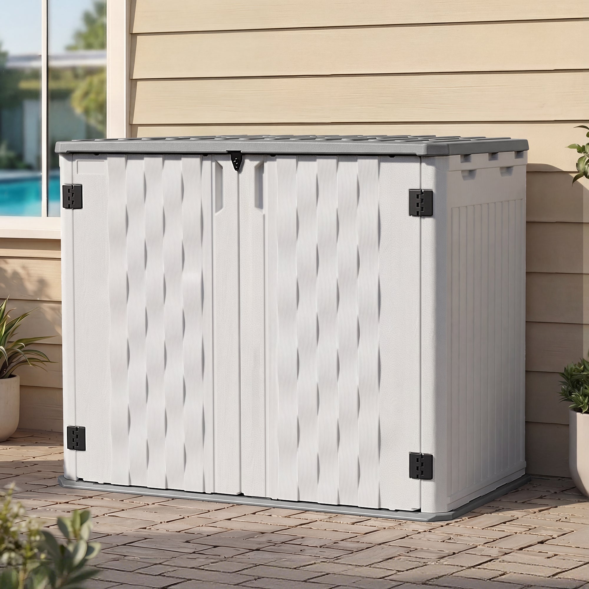 UDPATl0 34 Cu.Ft Resin Outdoor Storage Shed, Patio Plastic Vertical Sheds with Floor, Waterproof Bin Shed Horizontal Storage Cabinet for Patio, Backyards, Garden, Pool, Tool Shed