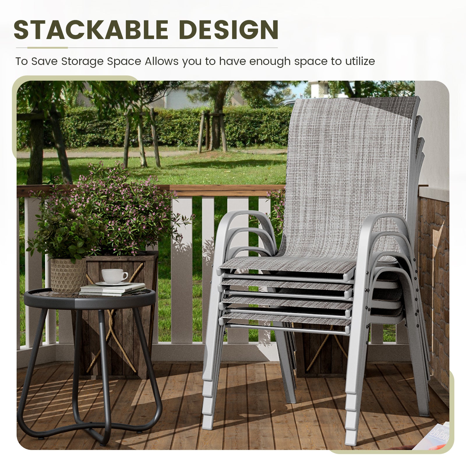 UDPATIO Patio Chairs Set of 4, Stackable Silver Outdoor Dining Chairs with High Back, Breathable Outdoor Chair Textilene Fabric All Weather, 350LBS Capacity for Garden, Backyard (Light Grey)