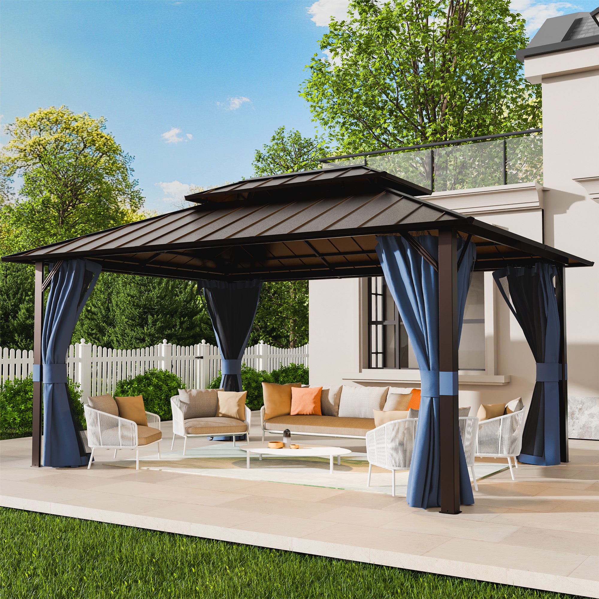 UDPATIO 12x16  Hardtop Gazebo, Aluminum Frame with Double Galvanized Steel Roof, Hard Top Patio Outdoor Metal Gazebos, Permanent Gazebo with Mosquito Netting and Curtain for Backyard, Deck, Navy Blue