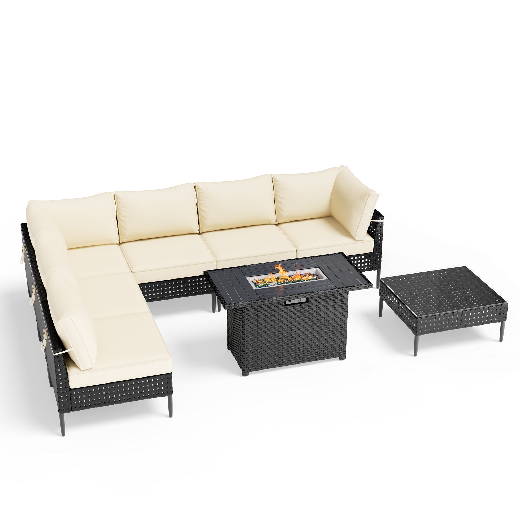 UDPATIO Wicker Patio Furniture Set with Sectional Sofas, All-Weather Cushions and Fire Pit Table, Bohemian Style and High-Leg Design for Garden, Deck, Poolside (Black/8 Piece)