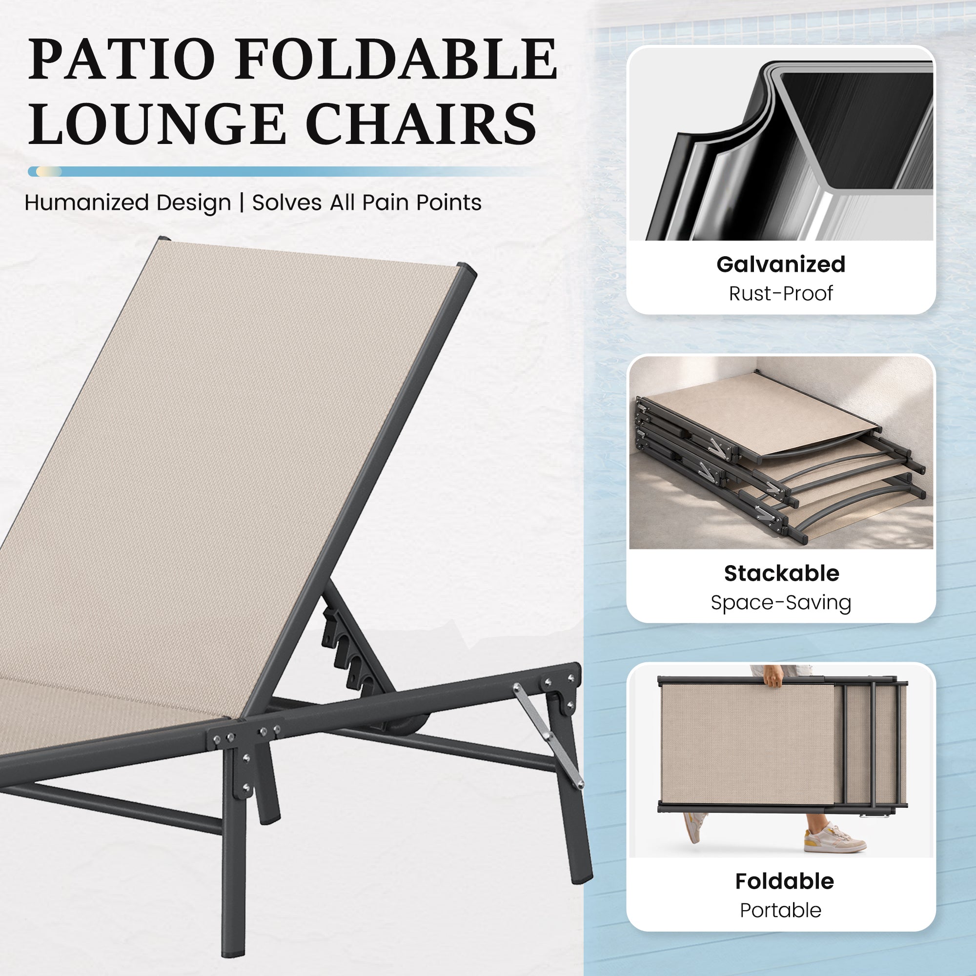 Outdoor Foldable Lounge Chair Set of 2 with Table Pool Lounge Chairs for Outside, Adjustable Lounger for Poolside Lawn Deck Lay Flat Sunbathing Backrest for Patio, Beach, Yard(Brown)