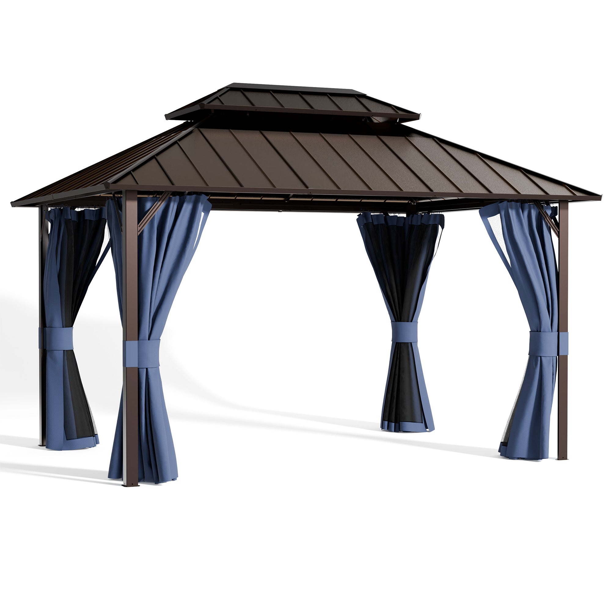 UDPATIO 12x14  Hardtop Gazebo, Aluminum Frame with Double Galvanized Steel Roof, Hard Top Patio Outdoor Metal Gazebos, Permanent Gazebo with Mosquito Netting and Curtain for Backyard, Deck, Navy Blue
