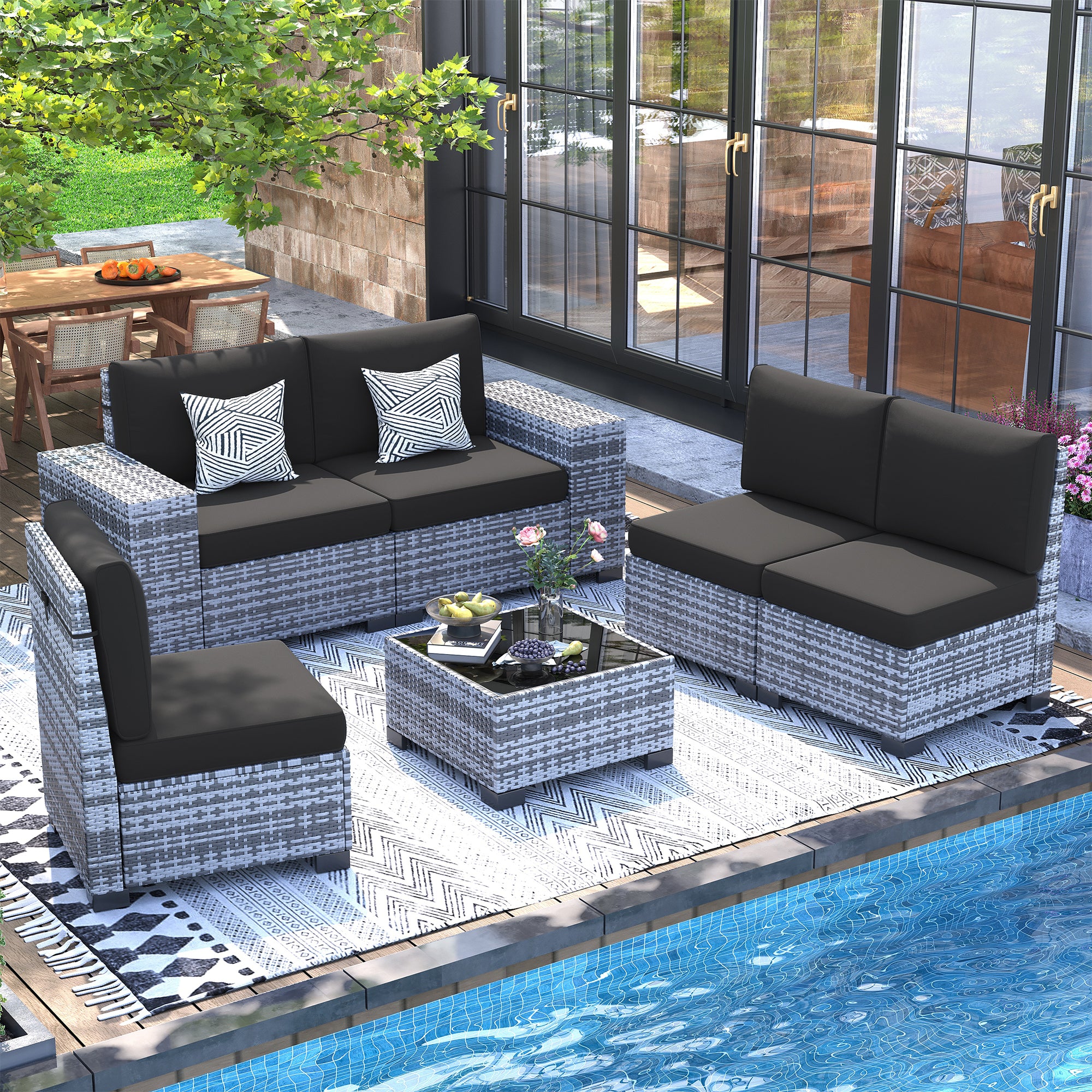 UDPATIO Patio Furniture Set, 8'' Wide Armrest Modular Rattan Outdoor Sectional  Sofa Set, 6 Pieces Wicker Patio Conversation Sets for Backyard,Deck w/ 4'' Cushions,Cover,Coffee Table