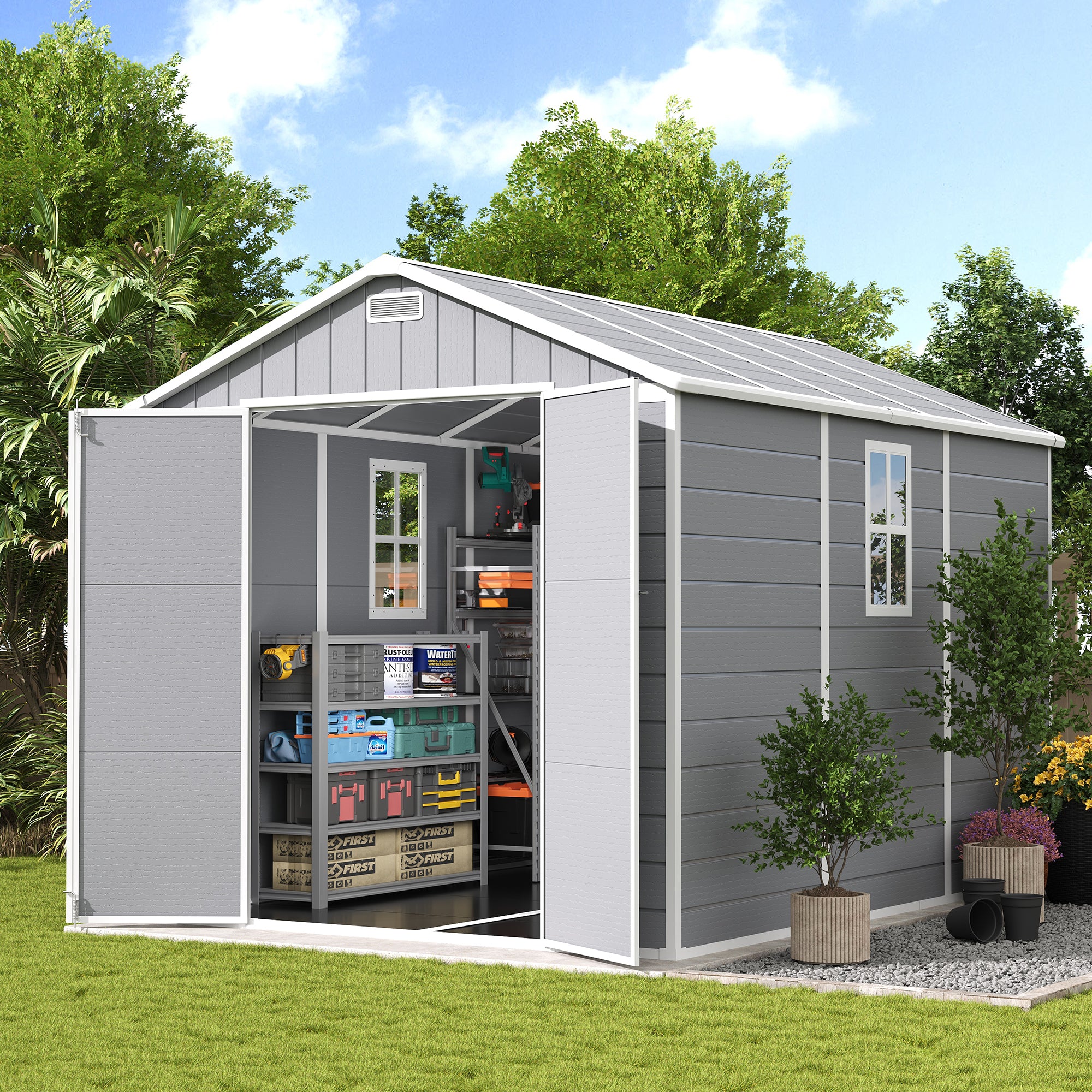 UDPATIO Storage Shed 8 x 10 FT, Resin Sheds & Outdoor Storage with Floor Large Clearance Outdoors Plastic Garden Tool Shed Tuff Outside Cottage Shed with Lockable Door for Bike, Garbage Gray White