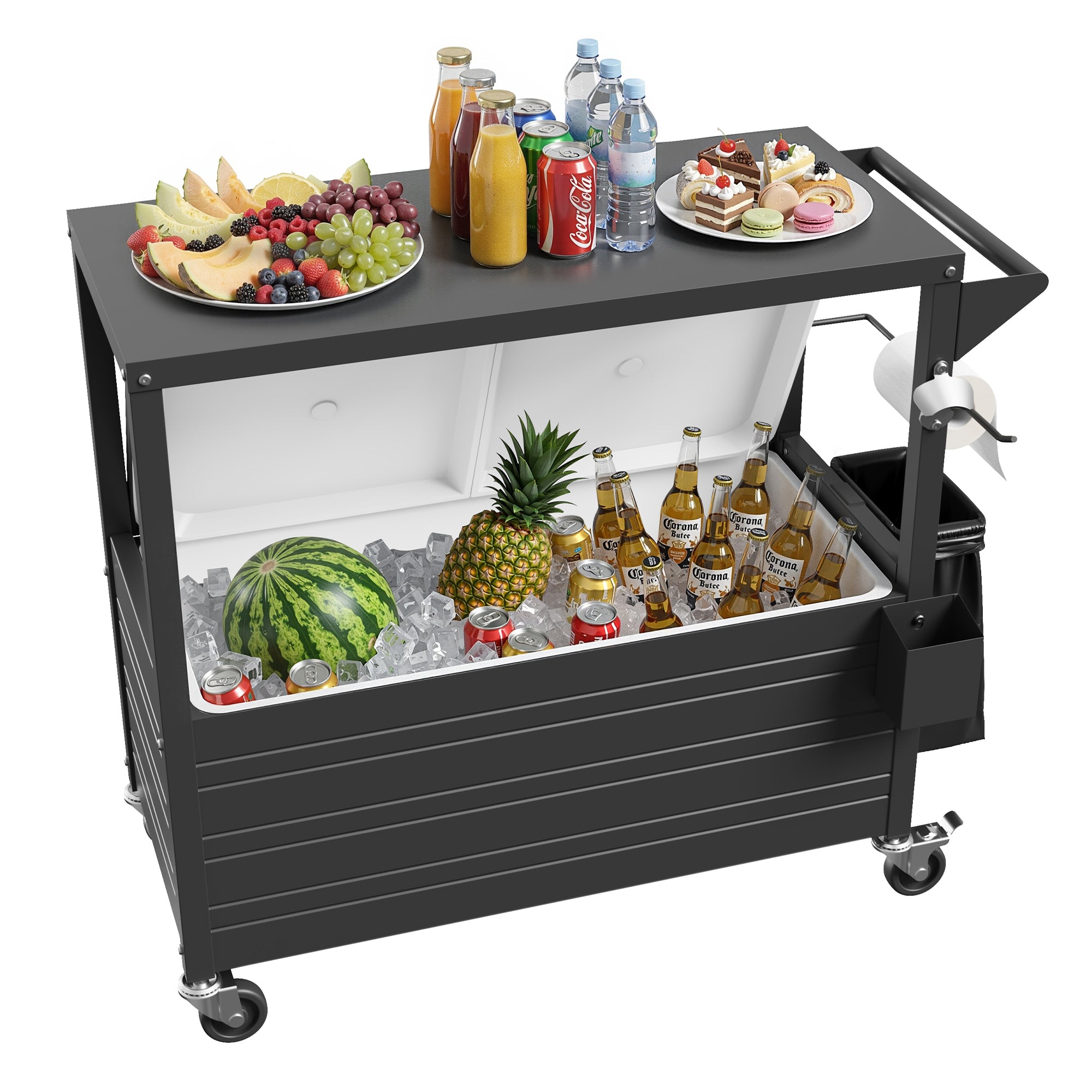 80 Quart Rolling Ice Chest with Top Table Patio Cooler Cart with 4 Wheels, Portable Outdoor Beverage Cooler with Drain Plug Weather Resistant for BBQ Party Pool Deck, Indoor & Outdoor Use