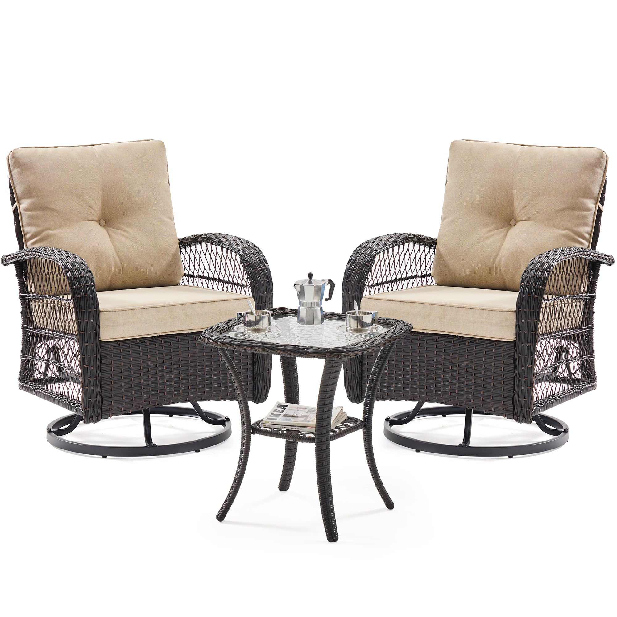 UDPATIO 3 Pieces Patio Furniture Set, Outdoor Swivel Rocker Patio Chairs Set of 2, All-Weather PE Wicker Glider Chairs with Thick Cushions and Glass Coffee Table，for Porch Deck Backyard