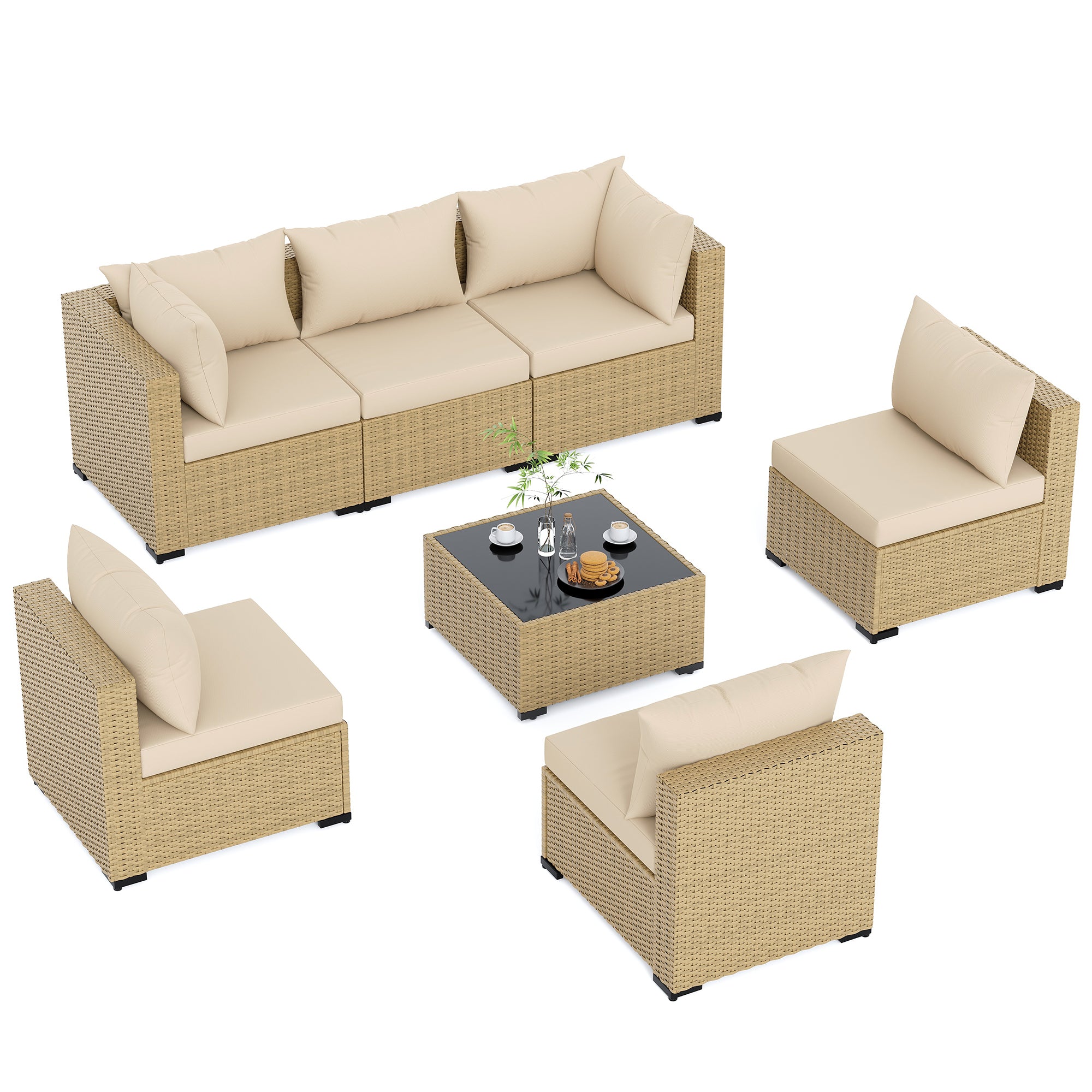 UDPATIO Furniture Set, 7 Piece Sectional Sofas with Wicker Coffee Table, Conversation for Garden, Backyard, Beige