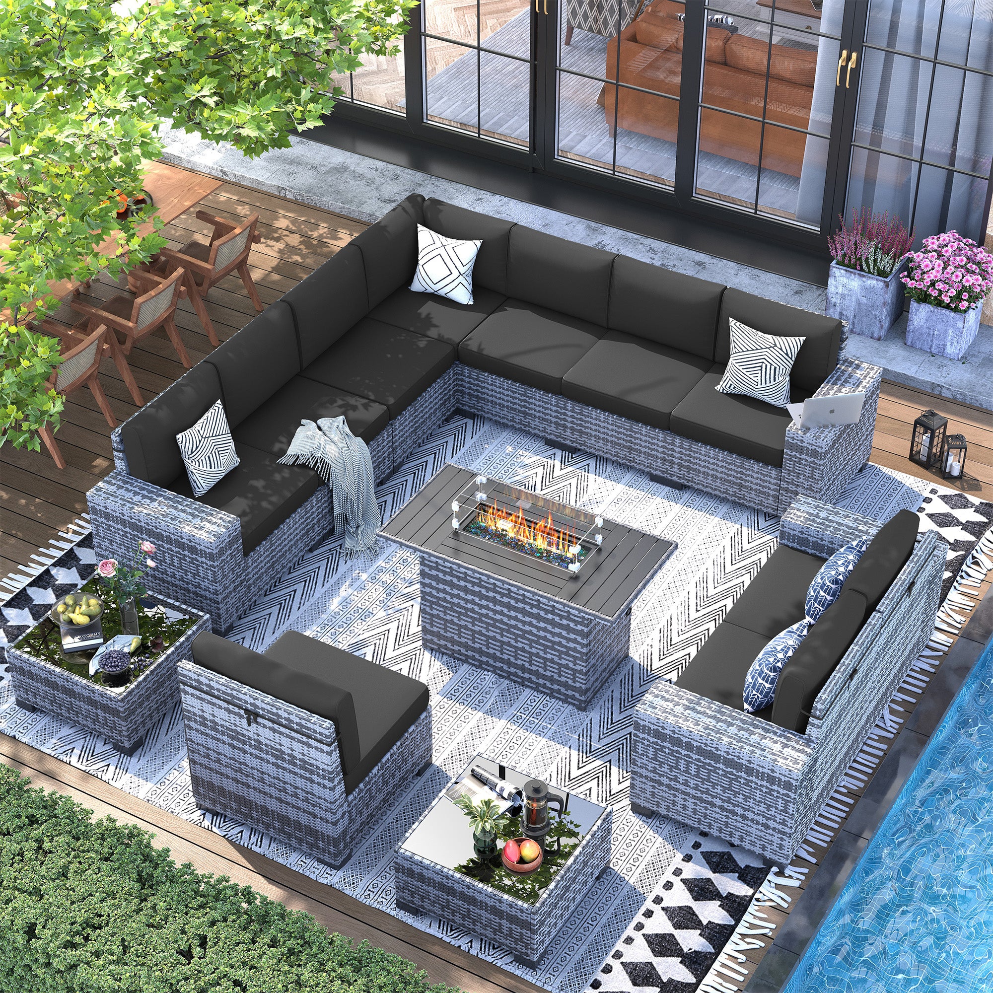 UDPATIO 13 Piece Patio Furniture Set with Fire Pit Table, 8''Wide Armrest Modular Rattan Outdoor Sectional  Sofa Set,Wicker Patio Conversation Sets for Backyard,Deck w/ 4'' Cushions,Cover