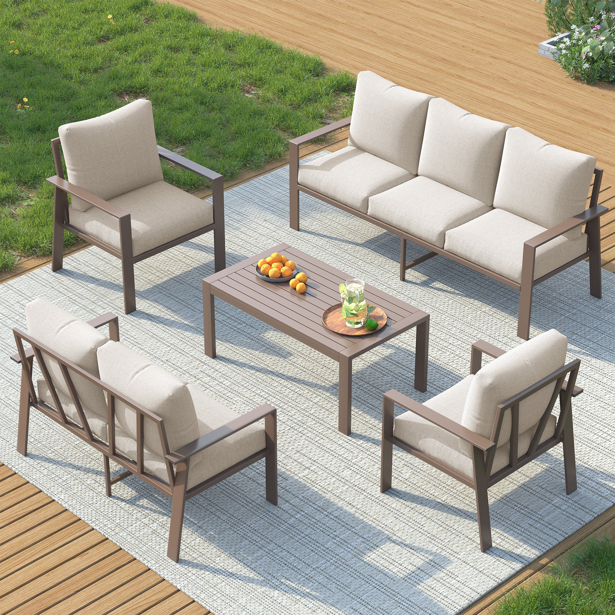UDPATIO 5 Pieces Aluminum Patio Furniture Set, 7-Seat Metal Outdoor Furniture Set with 4" Water-Resistant Cushion & Coffee Table,  Patio Conversation Sets for Porch, Deck, Garden